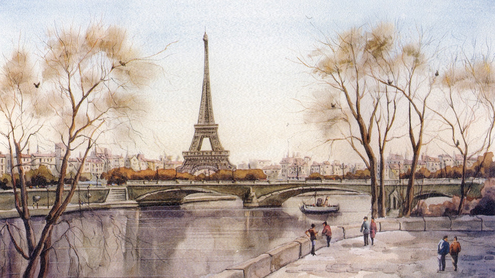 手绘巴黎埃菲尔铁塔唯美图片桌面壁纸