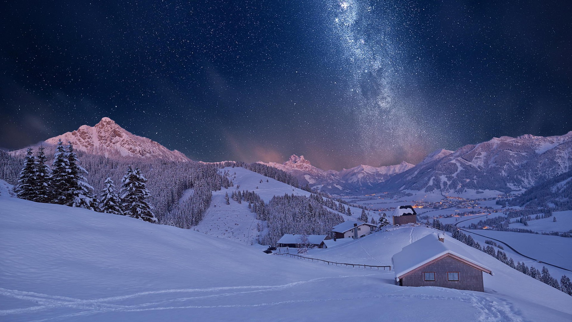 冬天,雪,晚上,山,房子,风景桌面壁纸