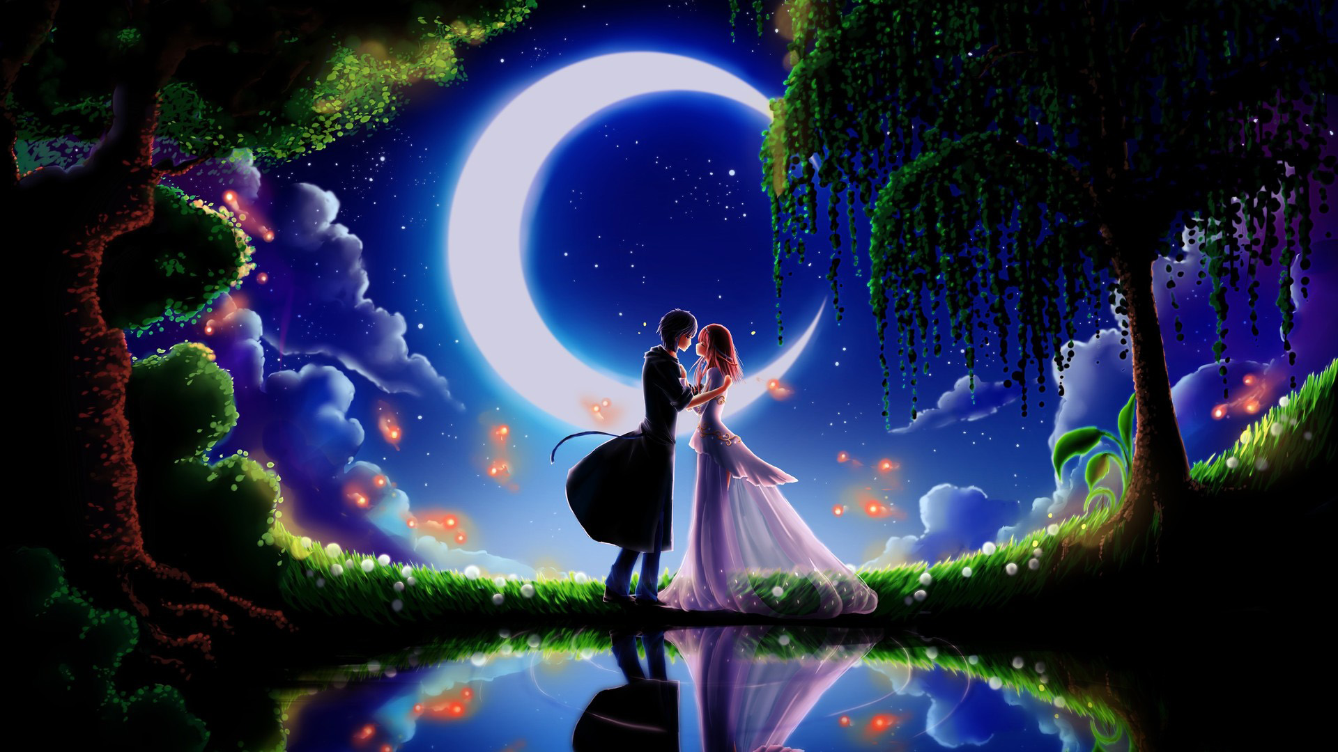 浪漫夜晚 月亮 意境 动漫夫妇爱情桌面壁纸