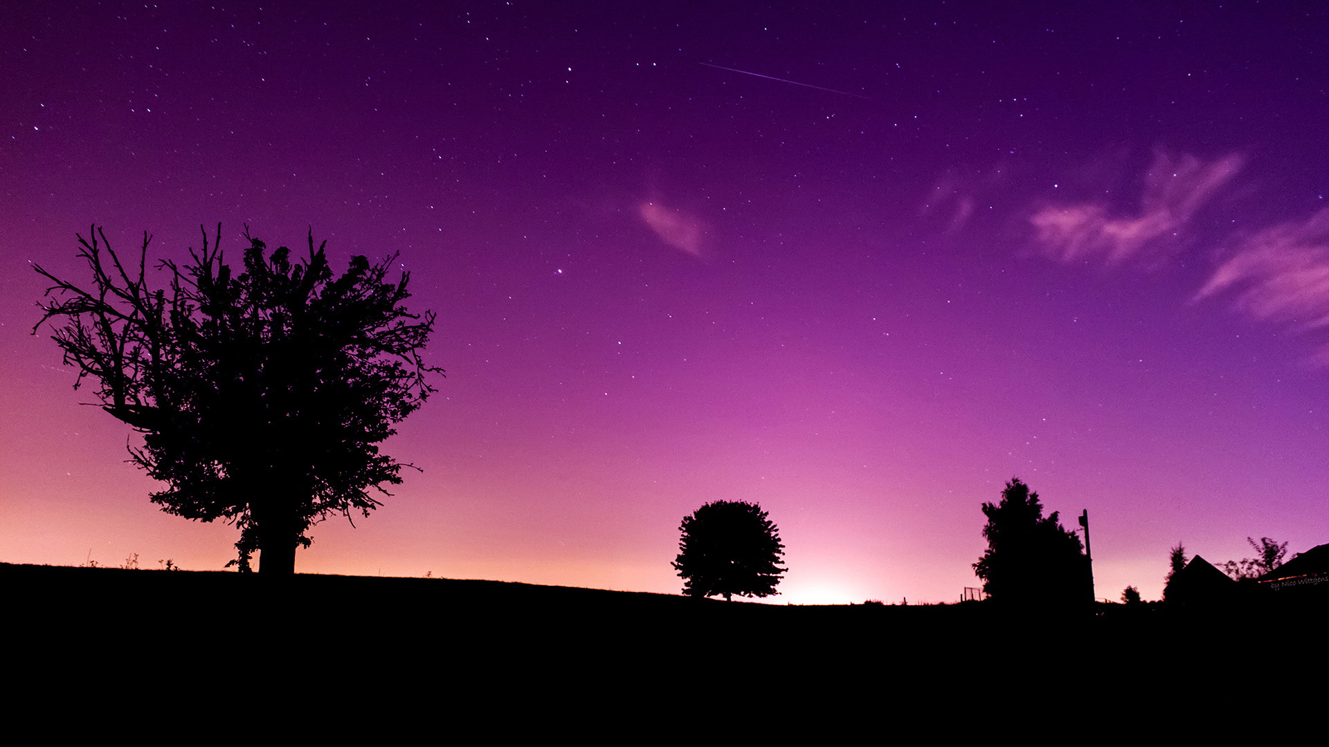 紫色意境,天空,星星,小树,房子,风景桌面壁纸