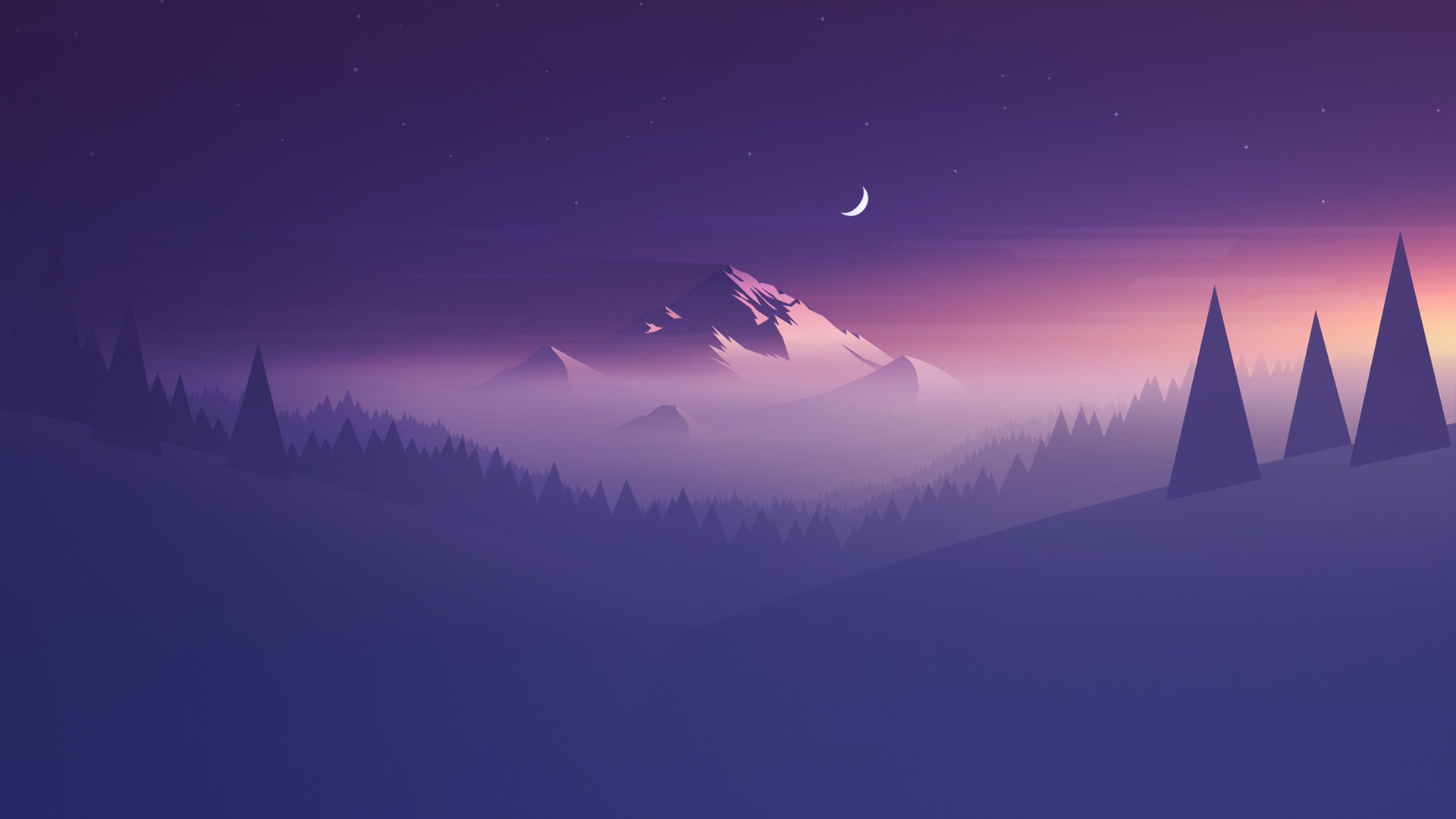 山，晚上，月亮，紫色的风景，简约桌面壁纸