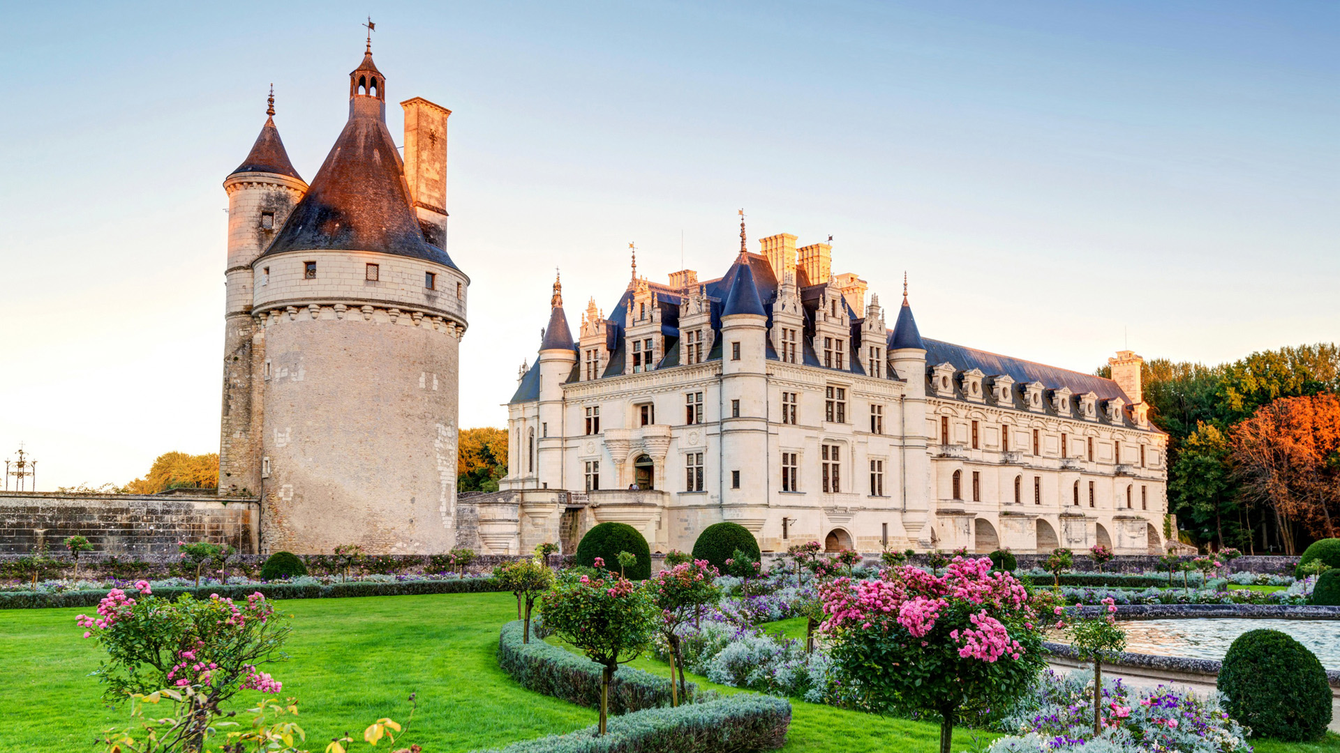 法国，城堡，公园，草坪，舍农索城堡风景桌面壁纸