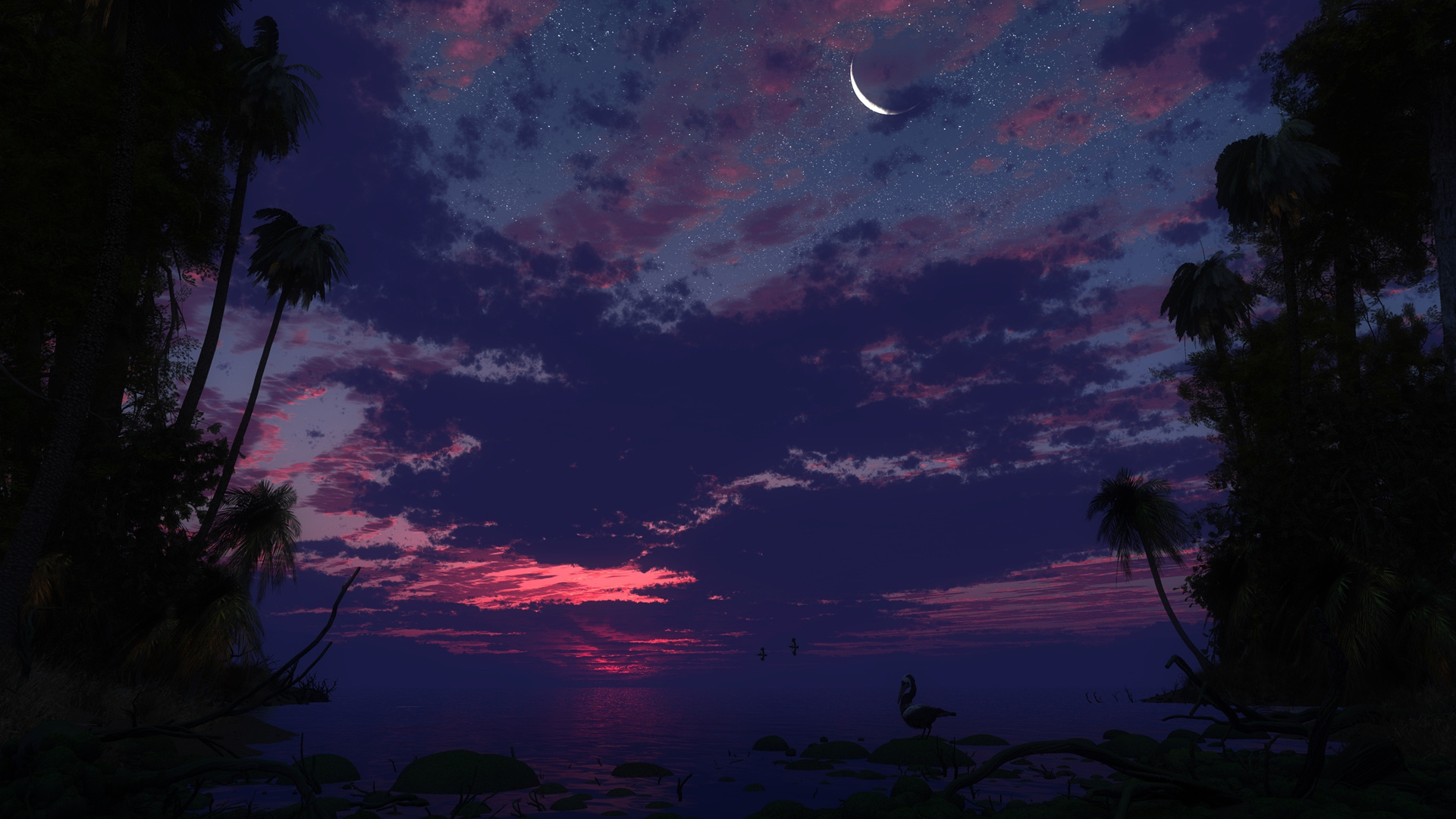 沙滩，棕榈树，日落，天空，云，月亮，星星，风景壁纸