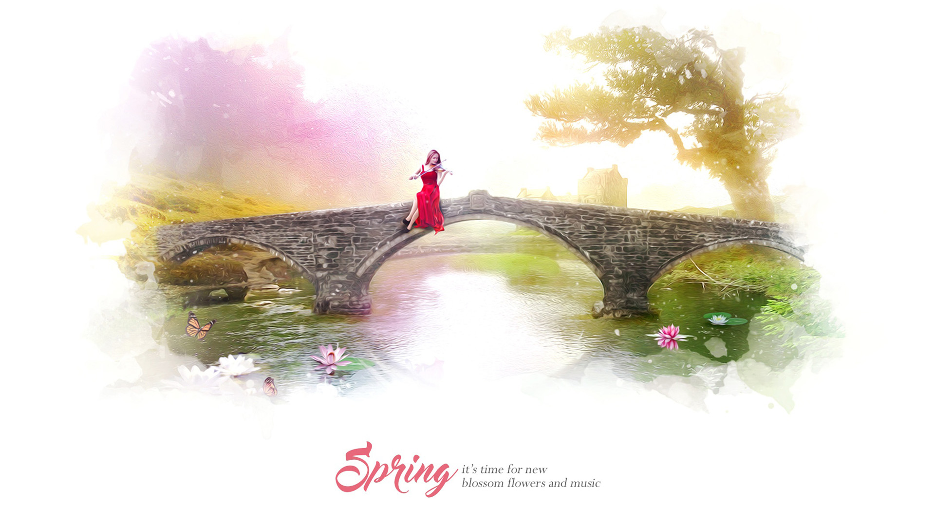 拉小提琴的女孩，石拱桥，莲花，唯美意境壁纸