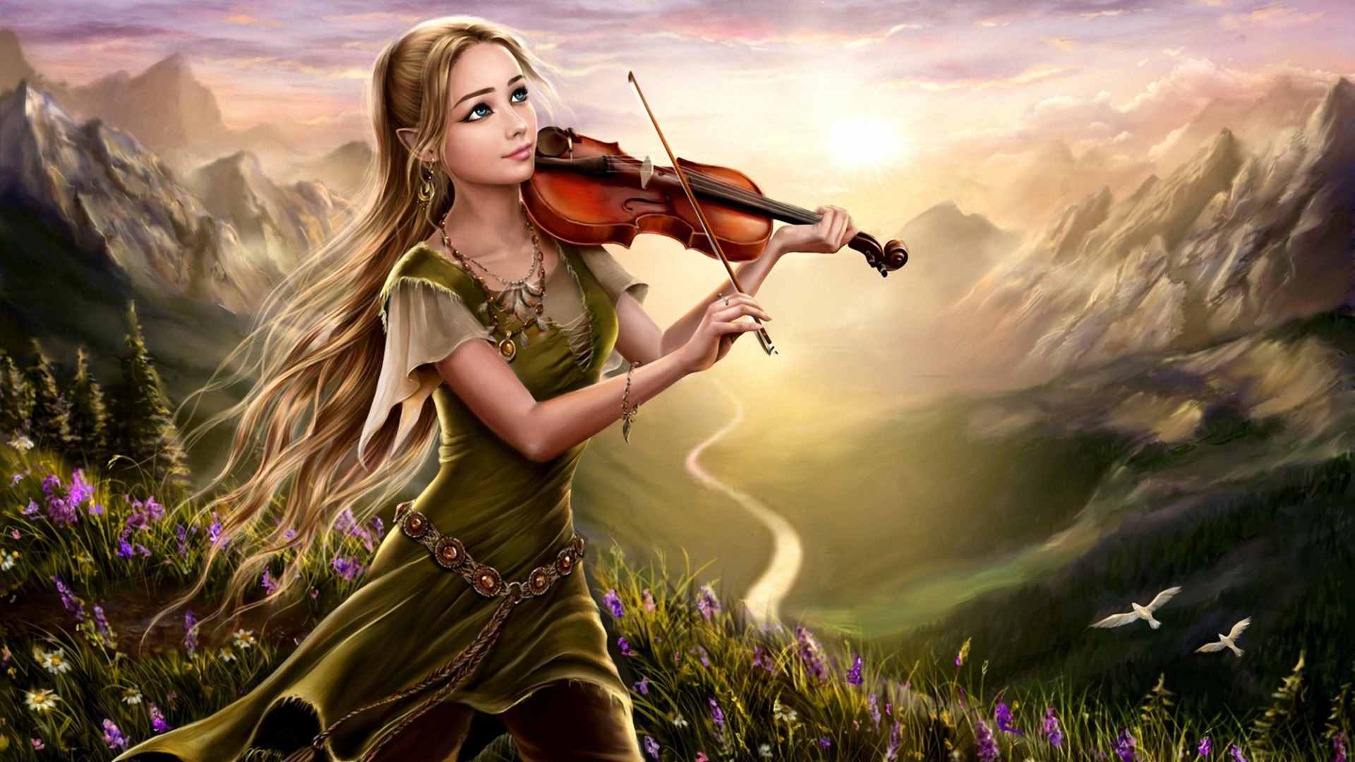 幻想,女孩,长发,小提琴,高山风景,唯美桌面壁纸