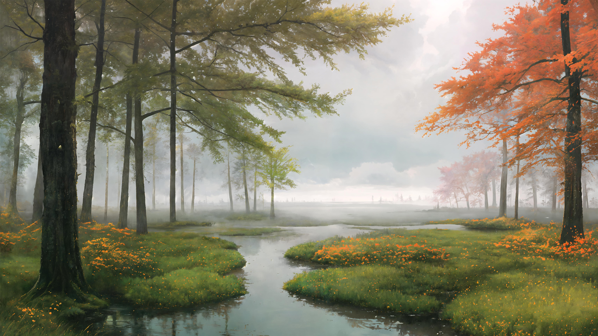 AI绘画 森林 河流 树木 鲜花 自然风景桌面壁纸