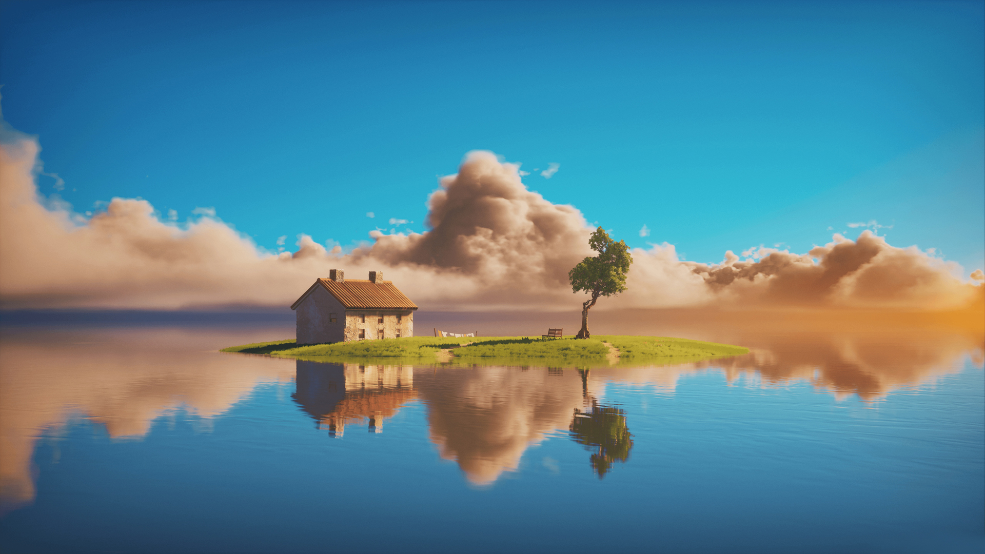 小岛上的房子 海水 树 天空 云 3d 风景 壁纸