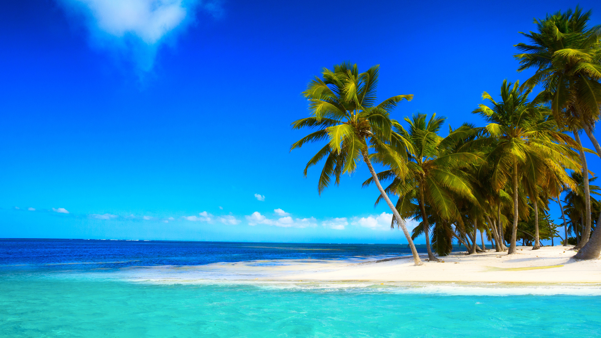 热带，天堂，沙滩，海岸，蓝色海洋，翡翠，棕榈，天空，云，美丽的风景桌面壁纸