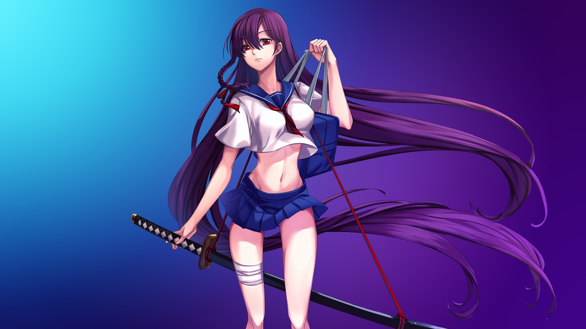 Katana Girl Purple 武士刀美少女桌面壁纸