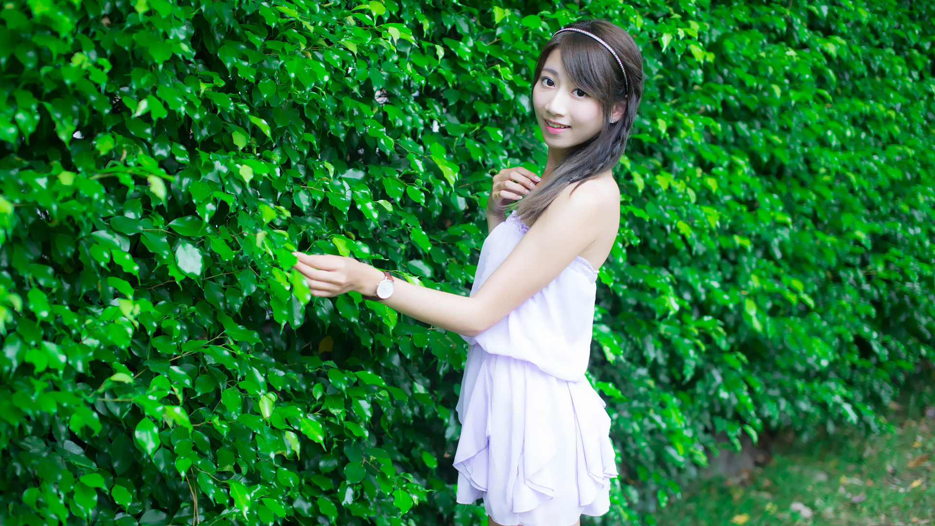 邻家女孩张嘉庭 户外养眼绿色植物 张嘉庭桌面壁纸
