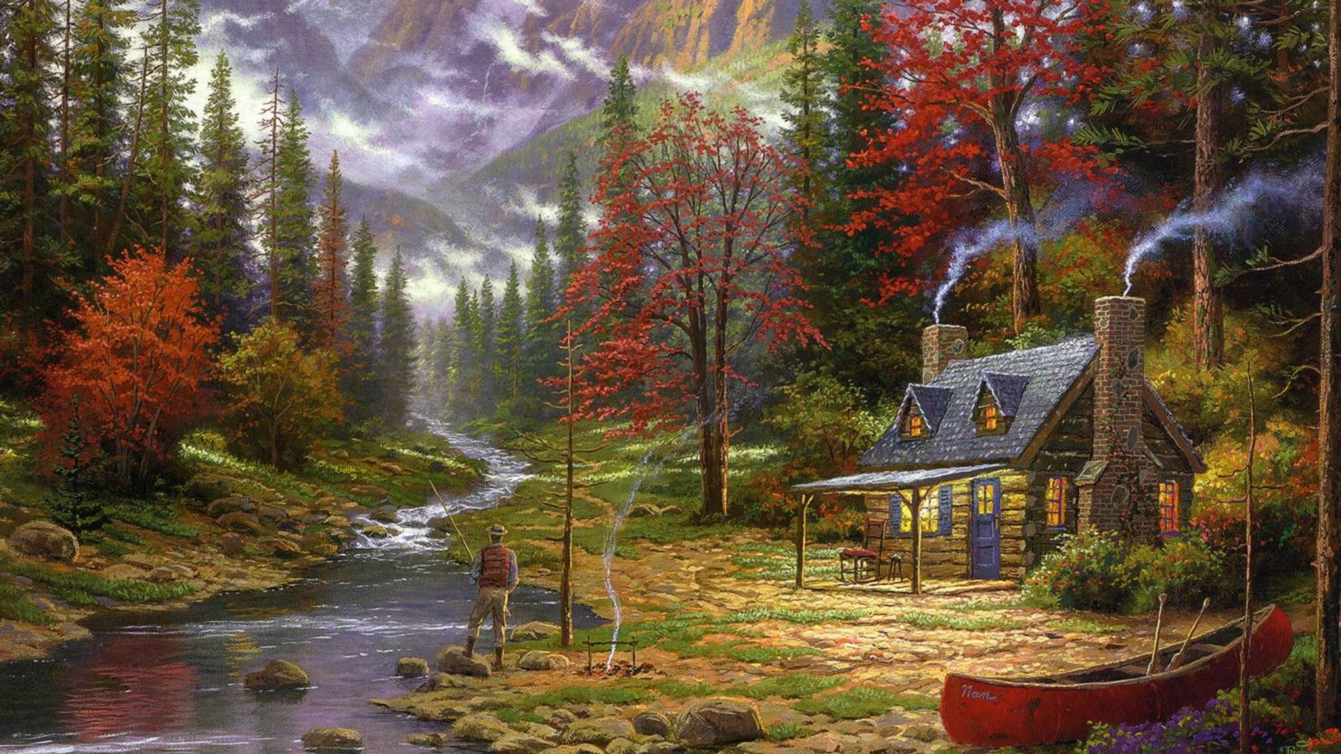 托马斯·金凯德，美好的生活，画，林中的小屋，溪流，垂钓，风景桌面壁纸