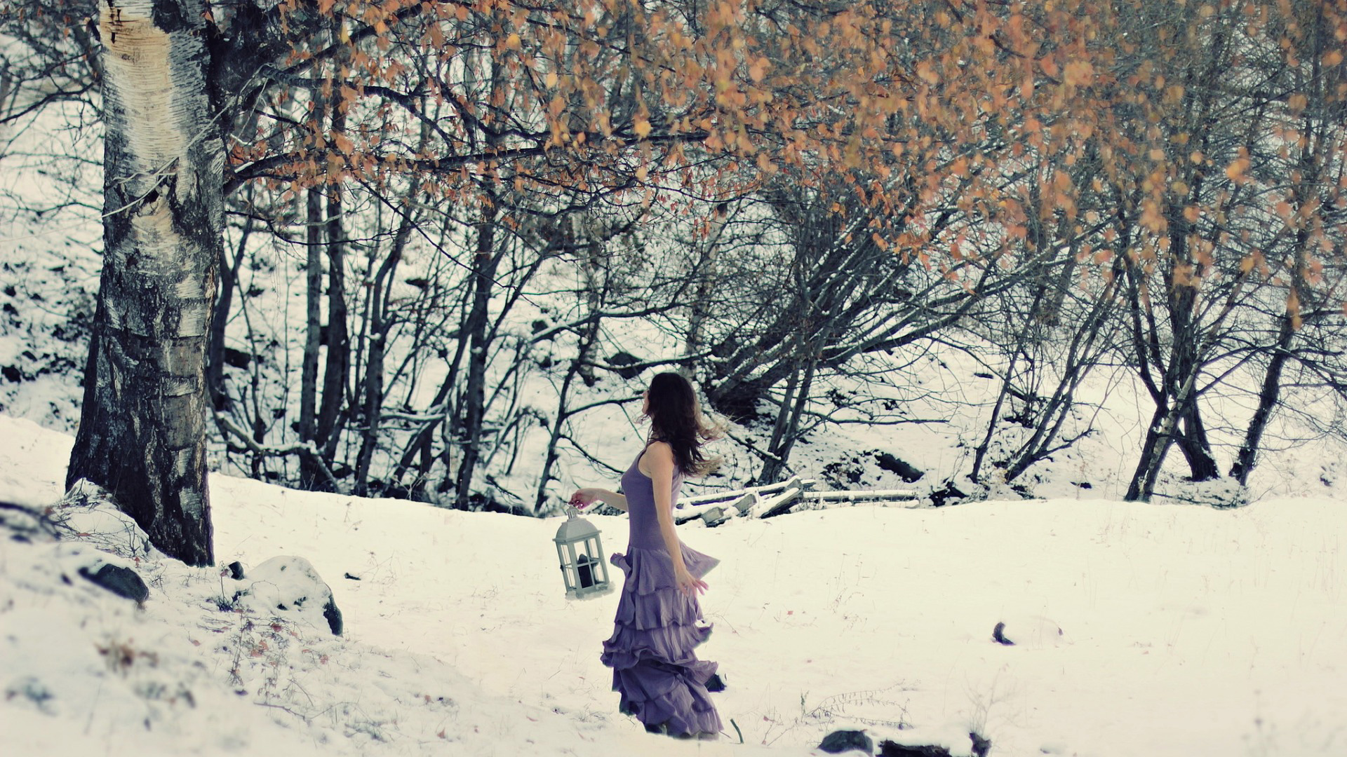 女孩，裙子，心情，雪山，树，唯美，意境，风景壁纸