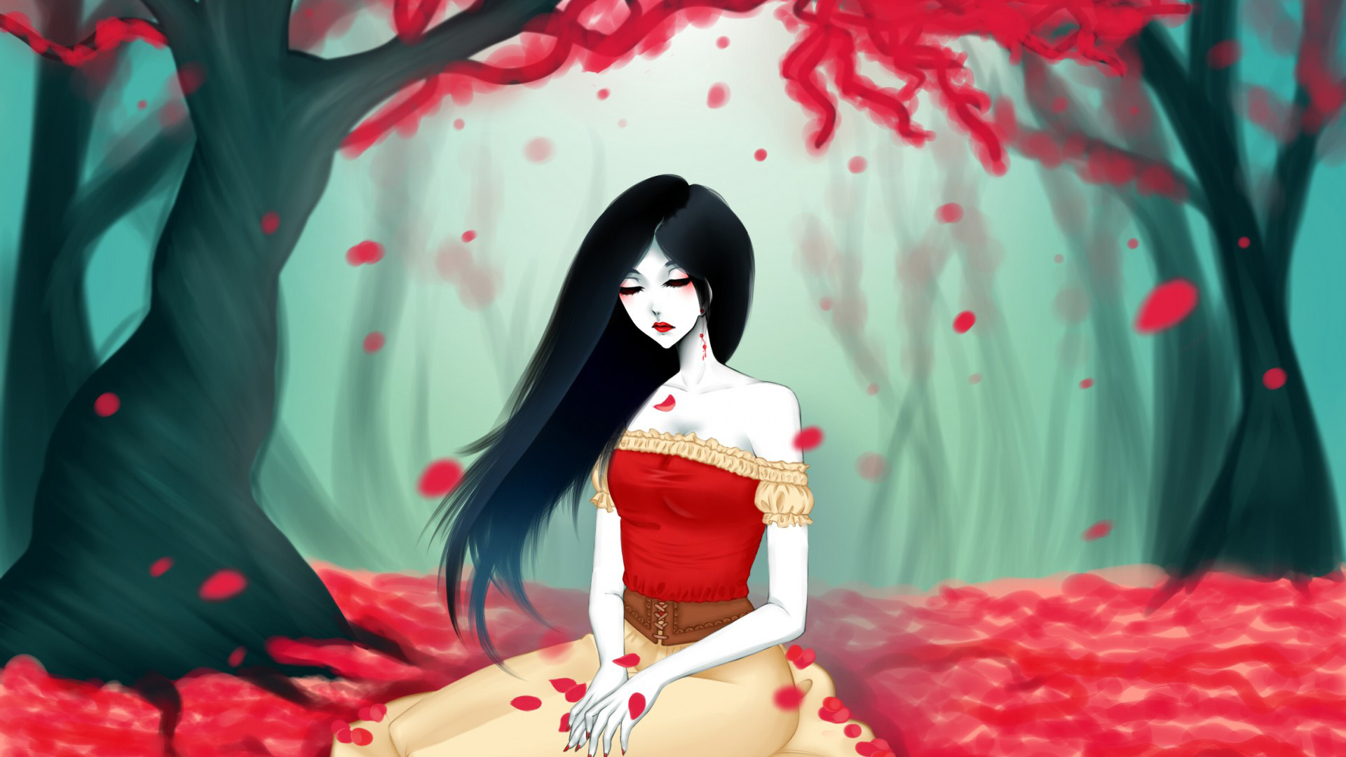 女孩,红色叶子,树,唯美壁纸
