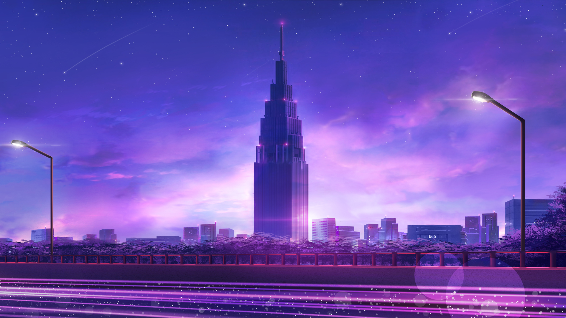 城市 高楼 夜晚 路灯 公路 天空 星星 流星 动漫壁纸
