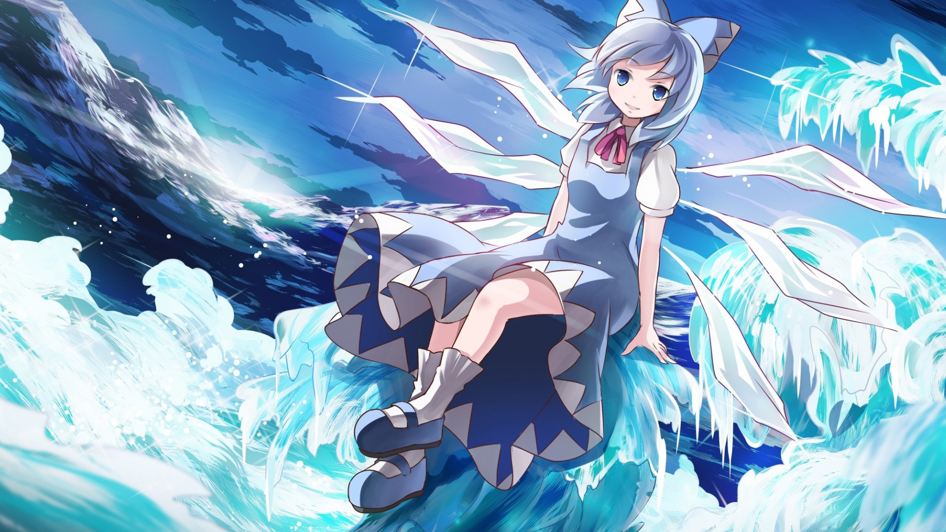 东方,cirno,女孩,翅膀,天空,动漫桌面壁纸