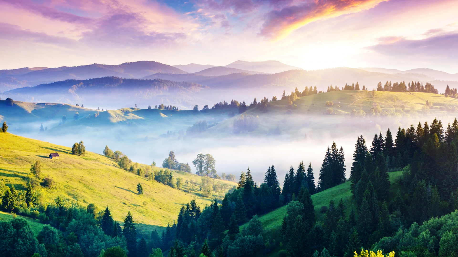 乌克兰全景,山,雾,小屋,丘陵,太阳,自然森林风景桌面壁纸