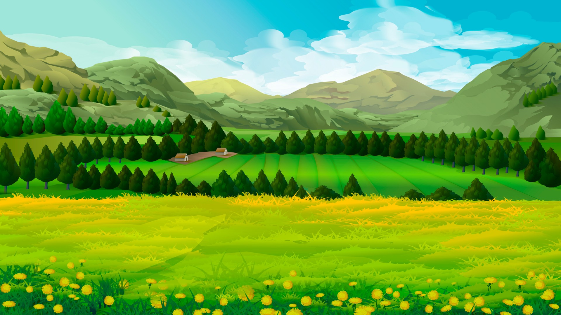 草甸，蒲公英，树木，山，风景，精美绘画桌面壁纸