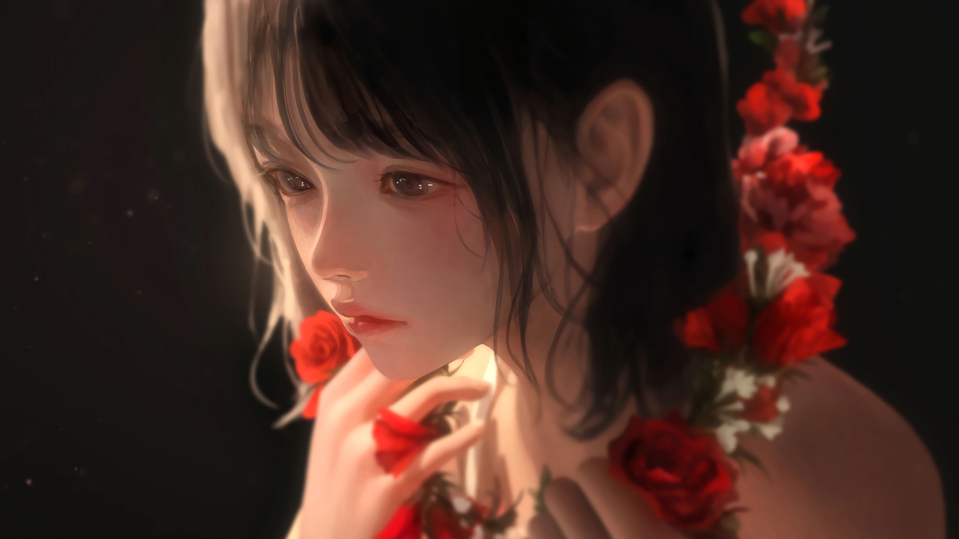 唯美女孩 脸 红花 动漫壁纸