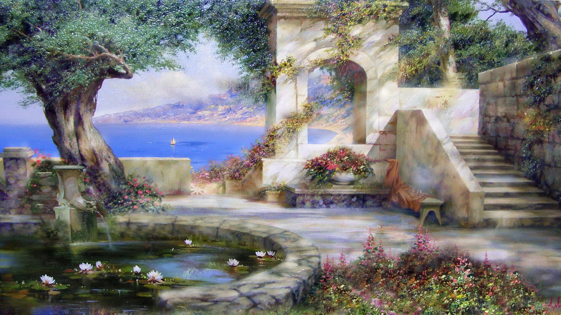 亚历山大·米留可夫作品，太阳，树荫下，海边风景，桌面壁纸