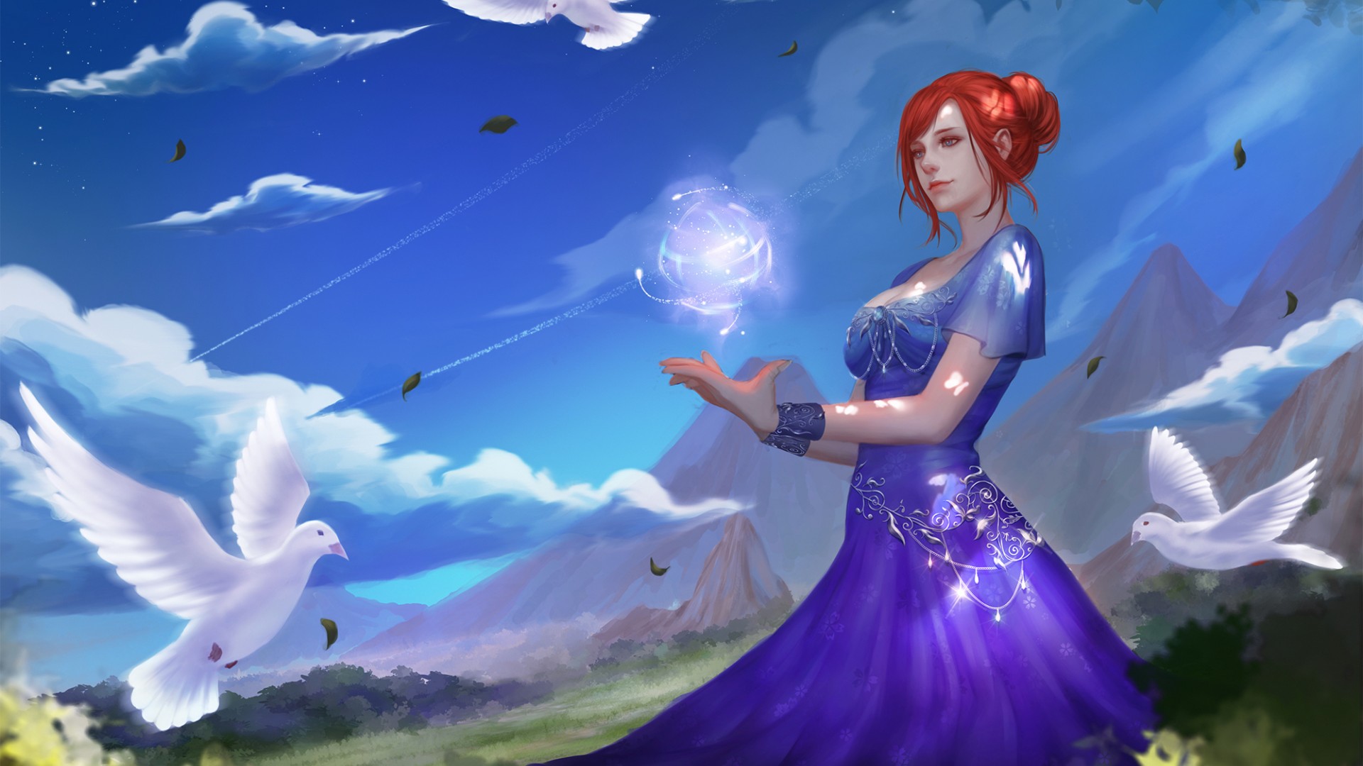 女孩漂亮礼服裙子，魔术，气球，白鸽，幻想，桌面壁纸