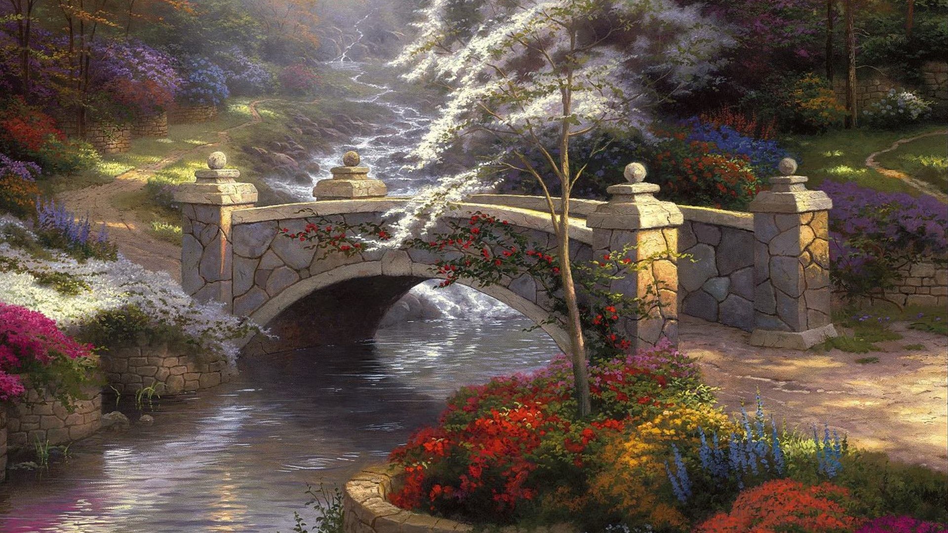 希望，托马斯·金凯德，画，自然，桥梁，流水，森林，精美风景壁纸