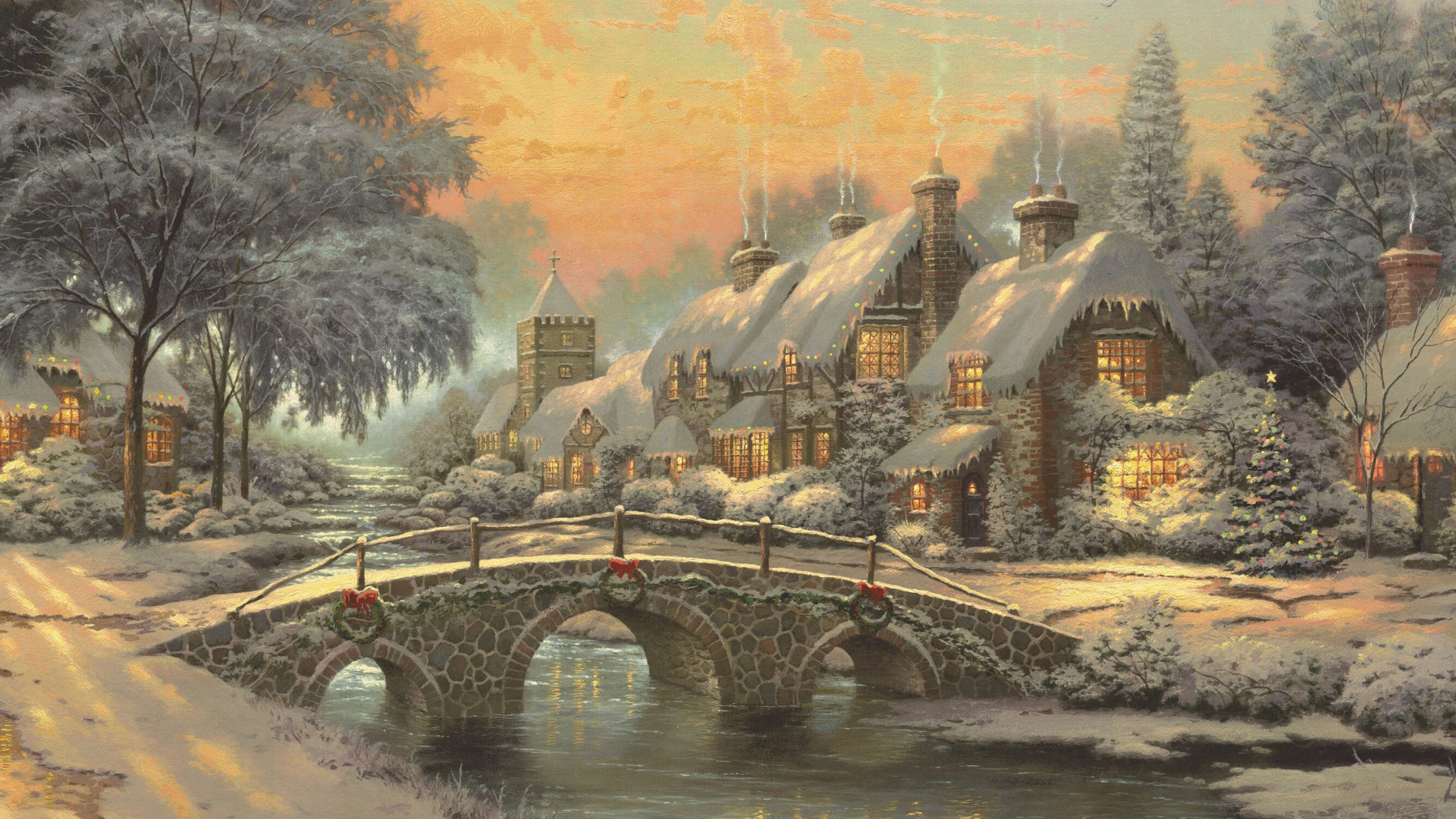 经典圣诞绘画,托马斯·金凯德,雪,小屋,小桥流水,树木,装饰,温暖的圣诞节风景桌面壁纸
