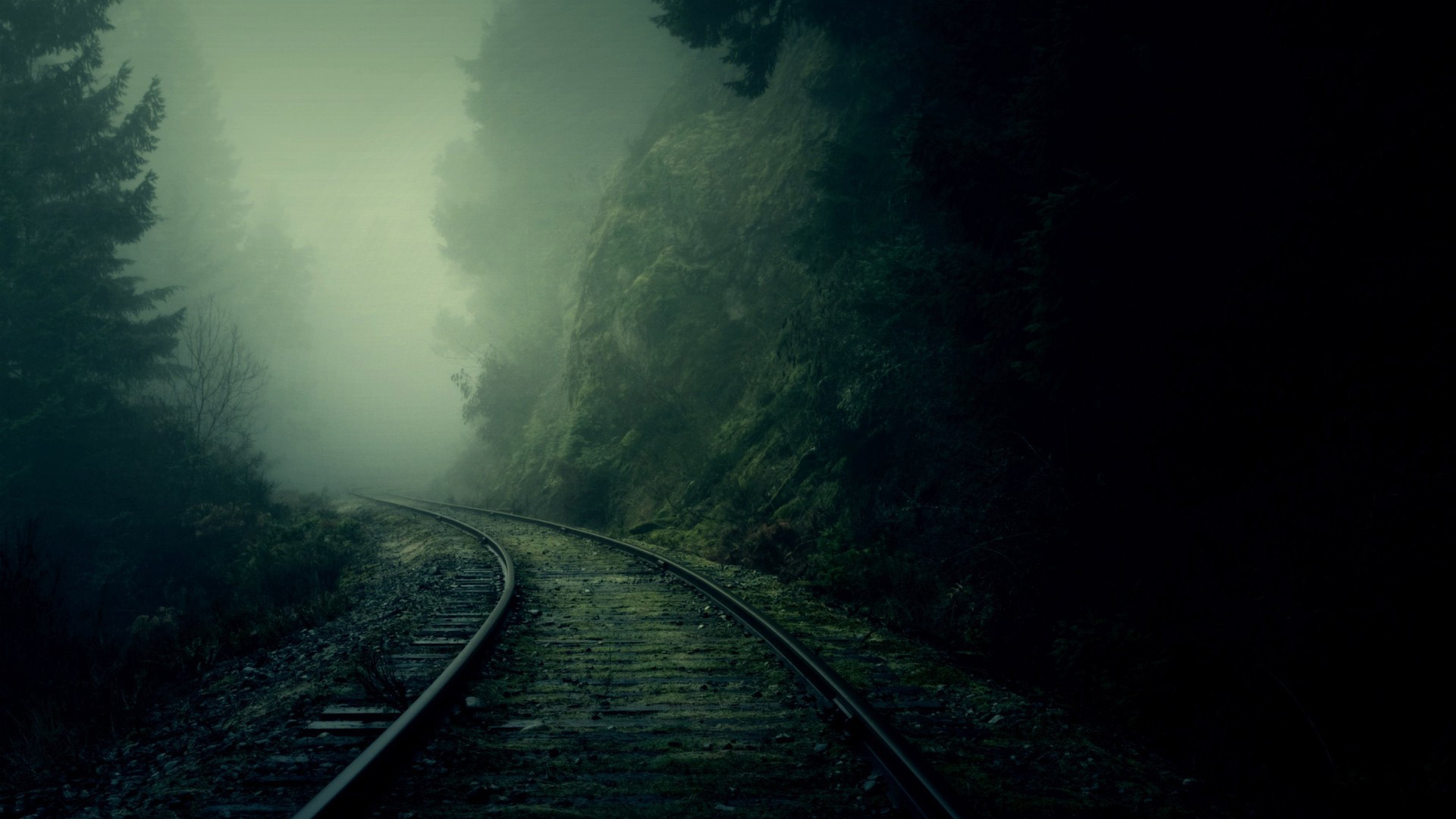 森林雾 铁路转向风景桌面壁纸