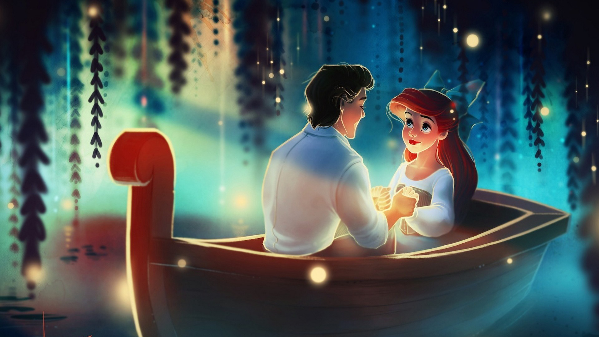 迪士尼的童话公主，晚上，男孩，女孩，小船，唯美梦幻，电影壁纸