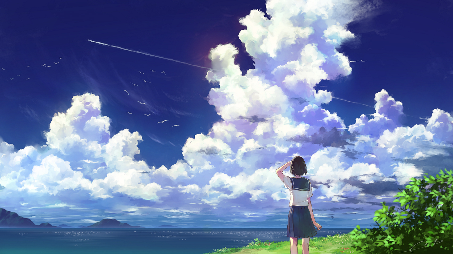 海边 女子 水手服 背影 天空 白云 动漫风景壁纸