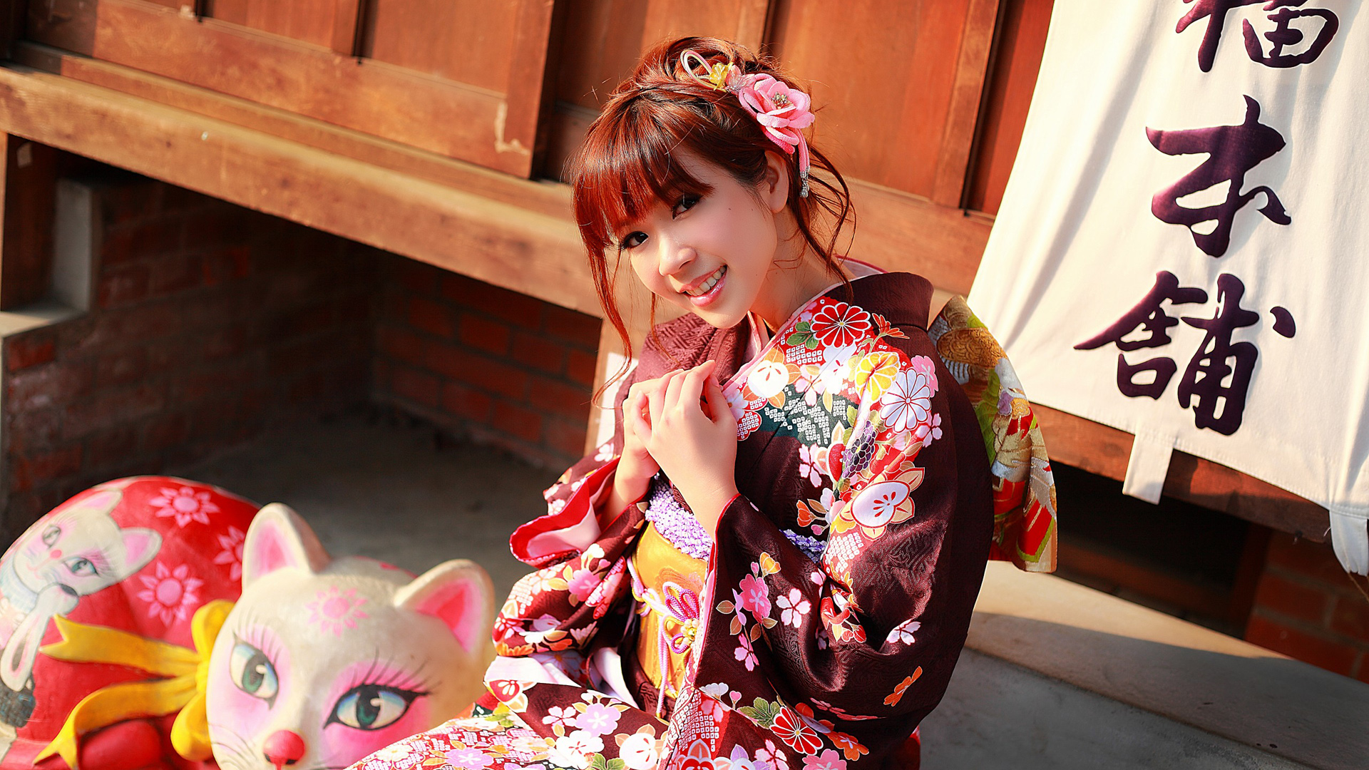 日本女孩，脸，眼睛，微笑，和服，头饰，猫，日本和服美女桌面壁纸