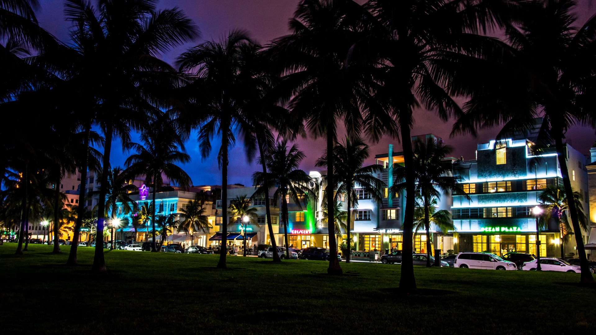 佛罗里达州,迈阿密,南海滩,夜间城市风景桌面壁纸