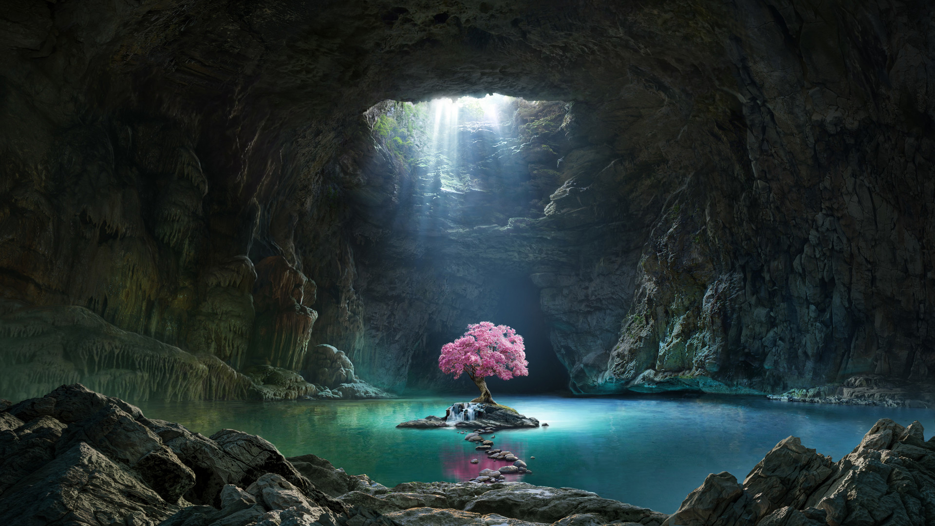 石洞 洞穴 阳光 湖水 粉色的树木 岩石 高清风景壁纸