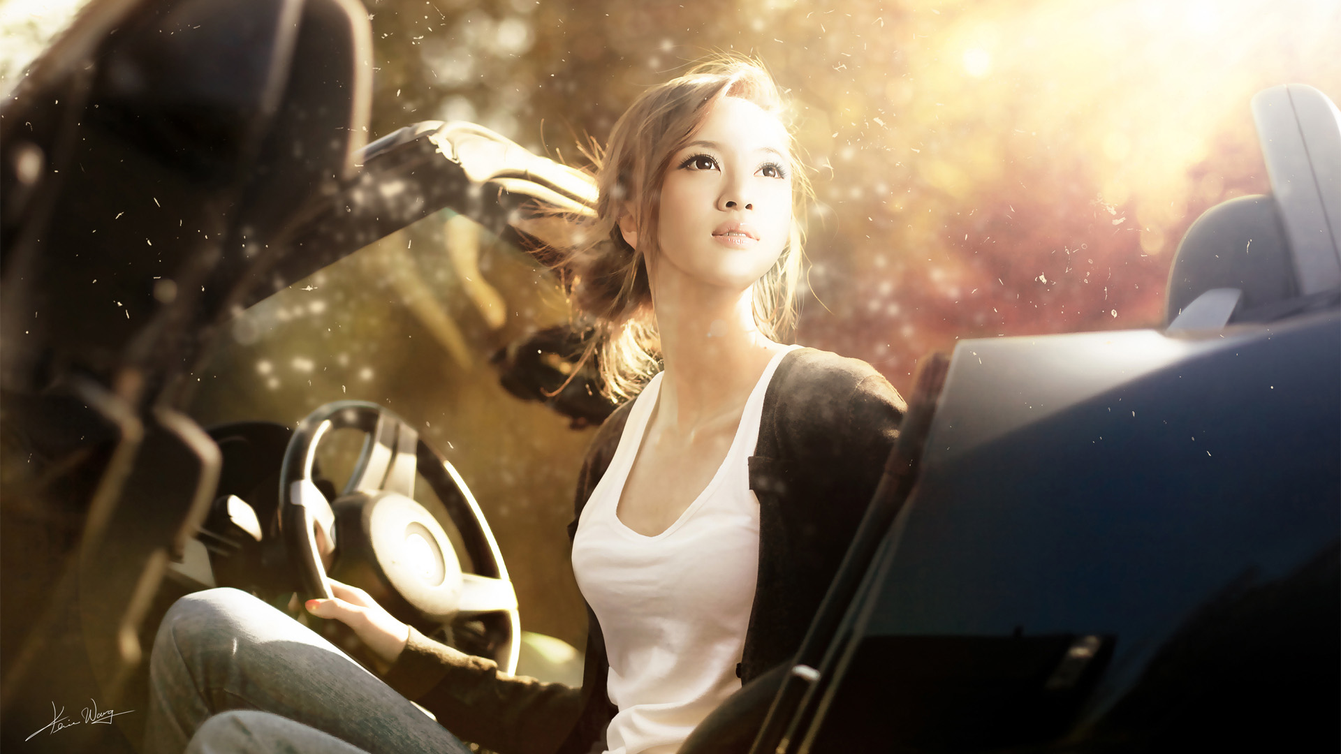 气质美女,车,方向盘,灯光,高清桌面壁纸