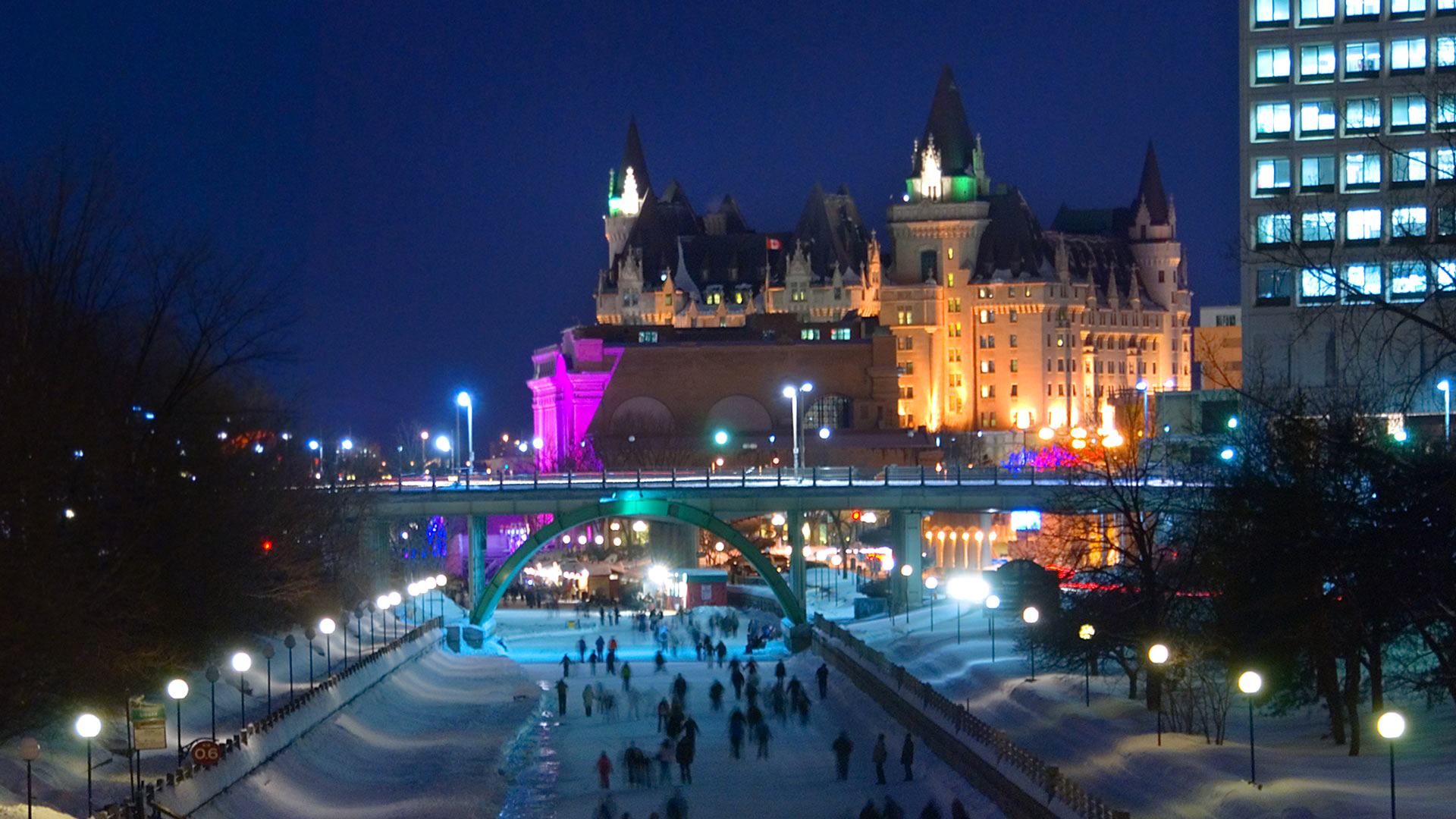 加拿大渥太华里多运河,桥,冬天图片,城市夜晚桌面壁纸