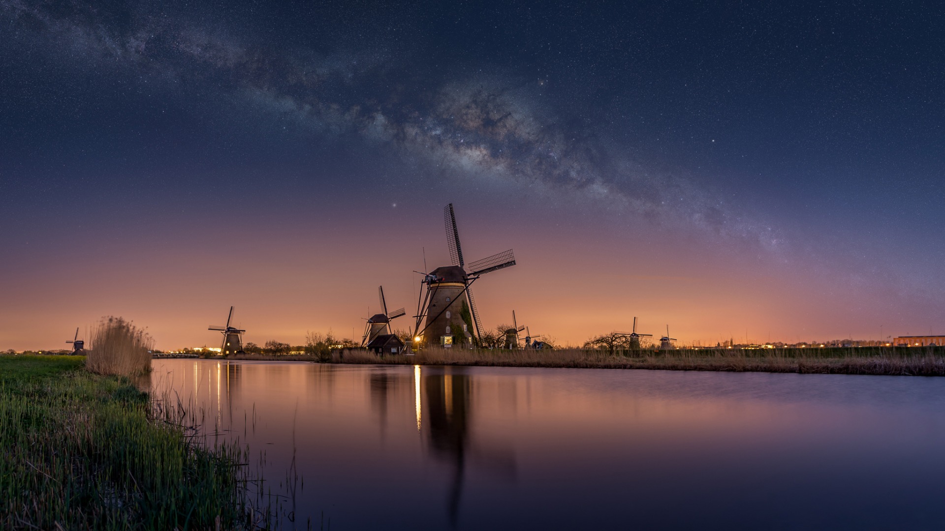 荷兰，风车，河流，湖水，夜空，星星，风景桌面壁纸