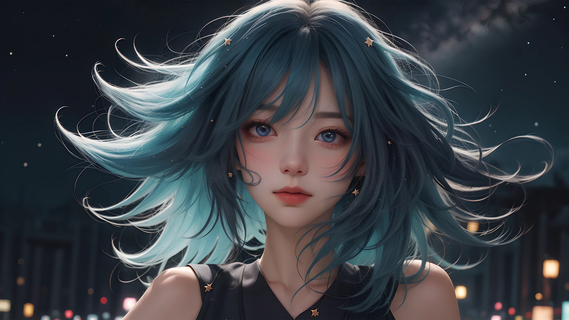 星空之下 动漫少女电脑壁纸