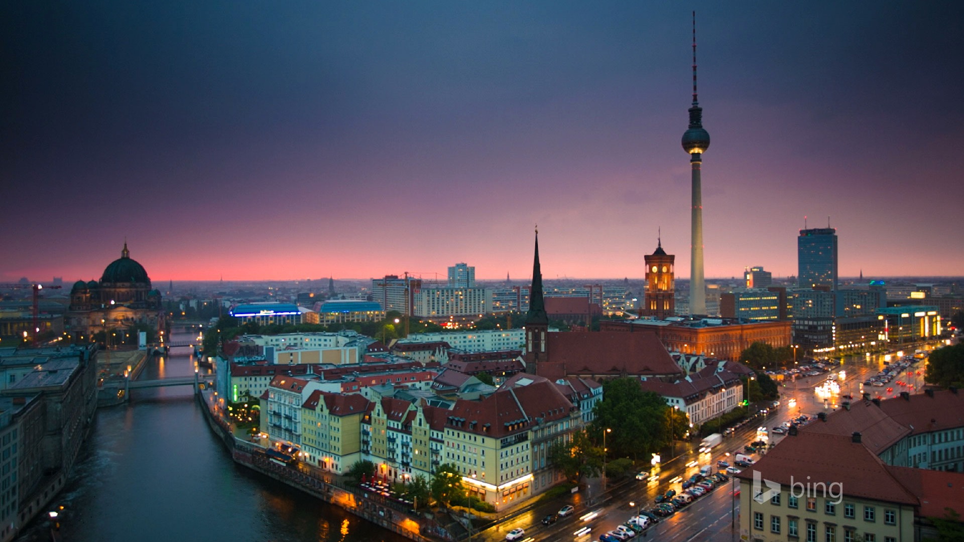 德国柏林，晚上，天空，大教堂，河流，都市夜景，古典建筑，风景桌面壁纸
