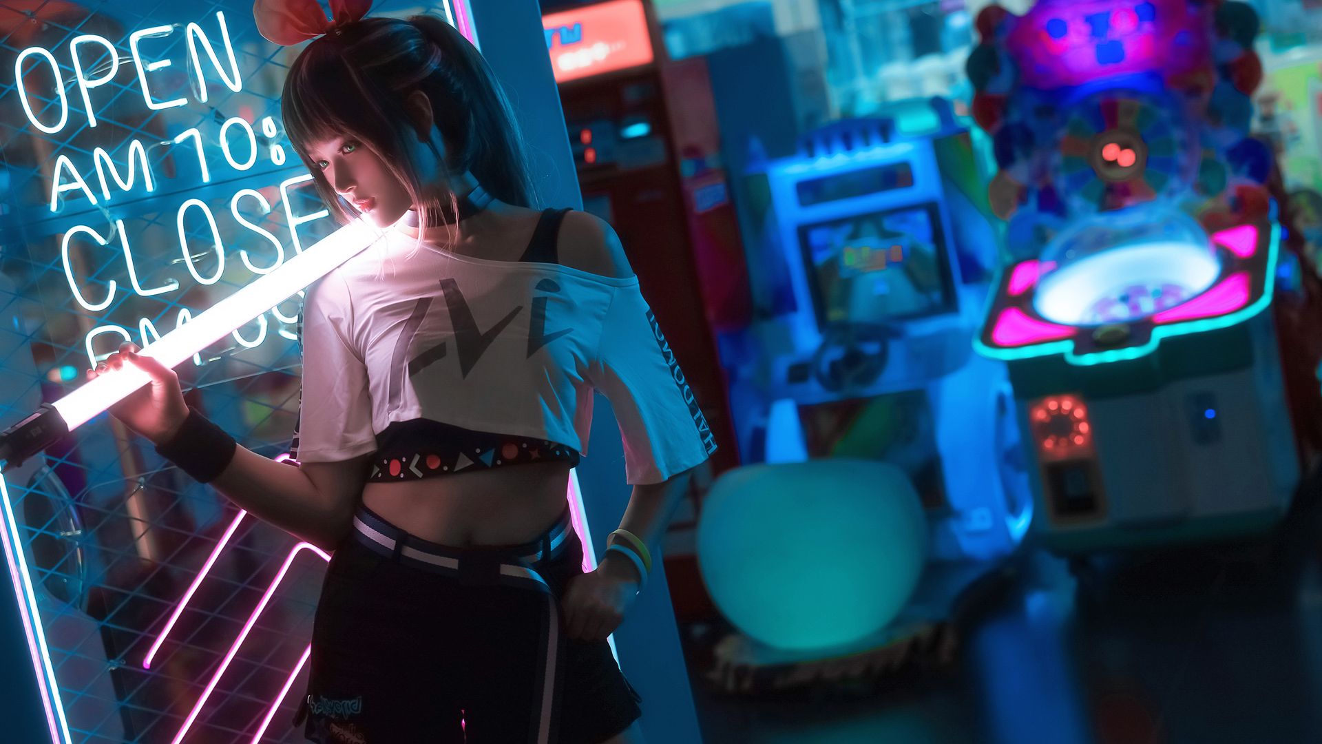 科幻少女 白色荧光棒 个性时尚可爱动漫女孩壁纸