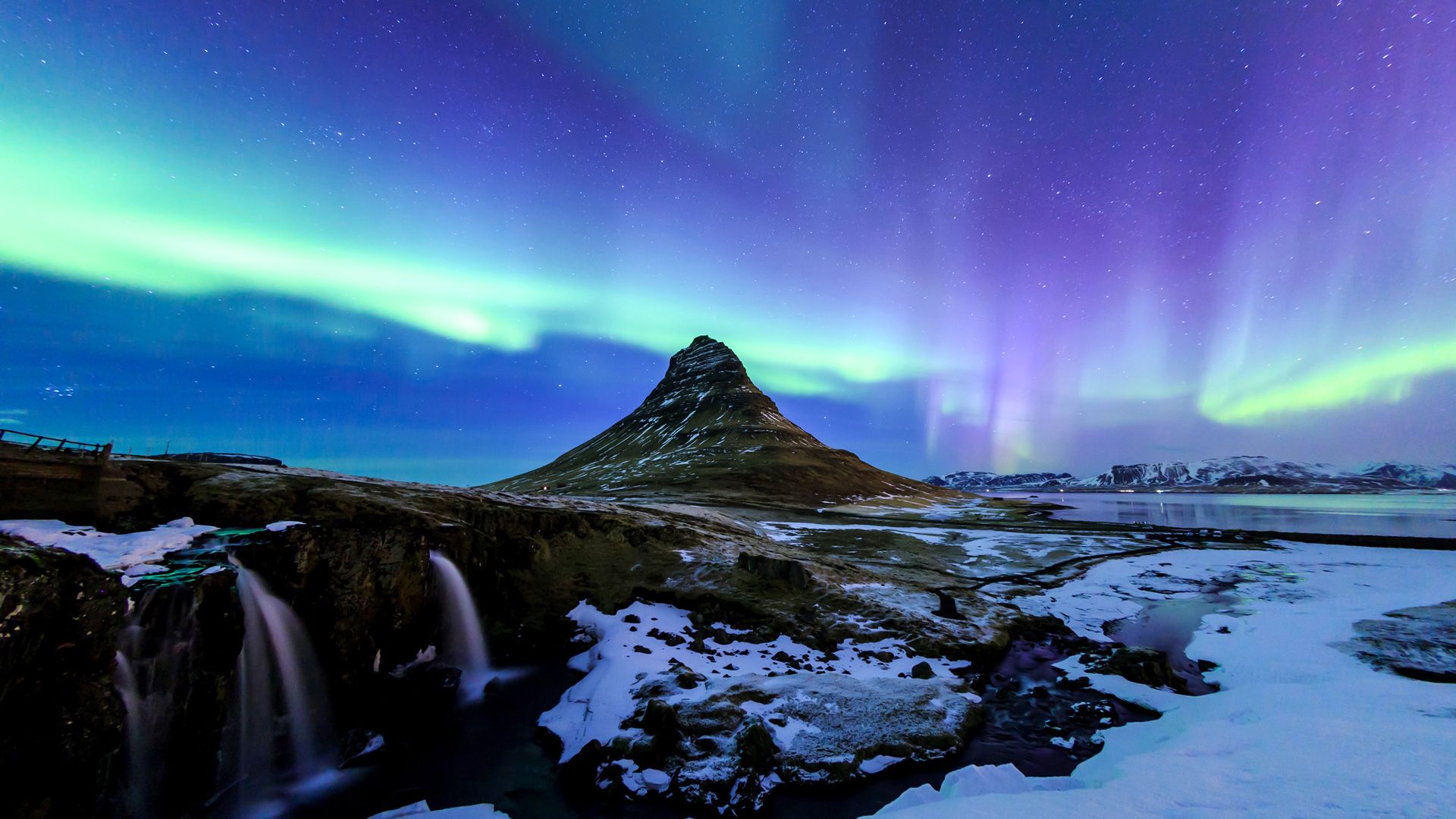 冰岛,晚上,星星,天空,北极光,瀑布,冬季,雪山,风景桌面壁纸