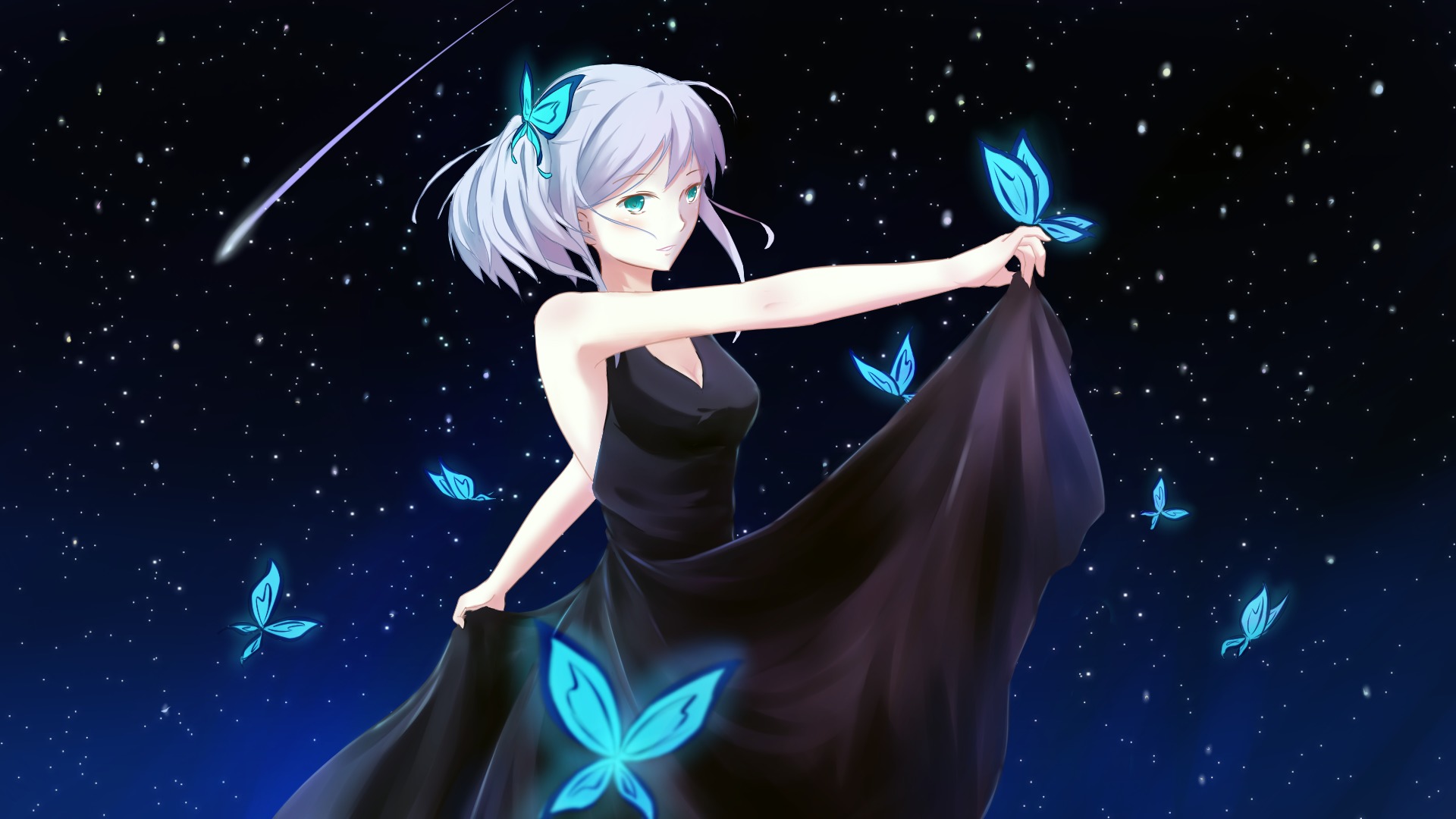 黑色长裙子女孩,青色蝴蝶,晚上,星星,流星,动漫壁纸