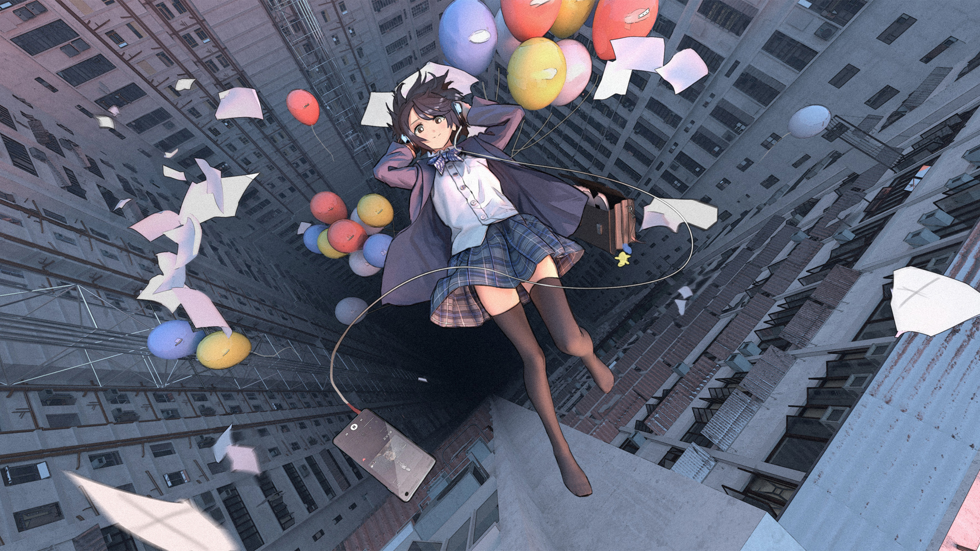 女子高中生校服制服 高楼 气球 手机 音乐 浮起来 动漫壁纸