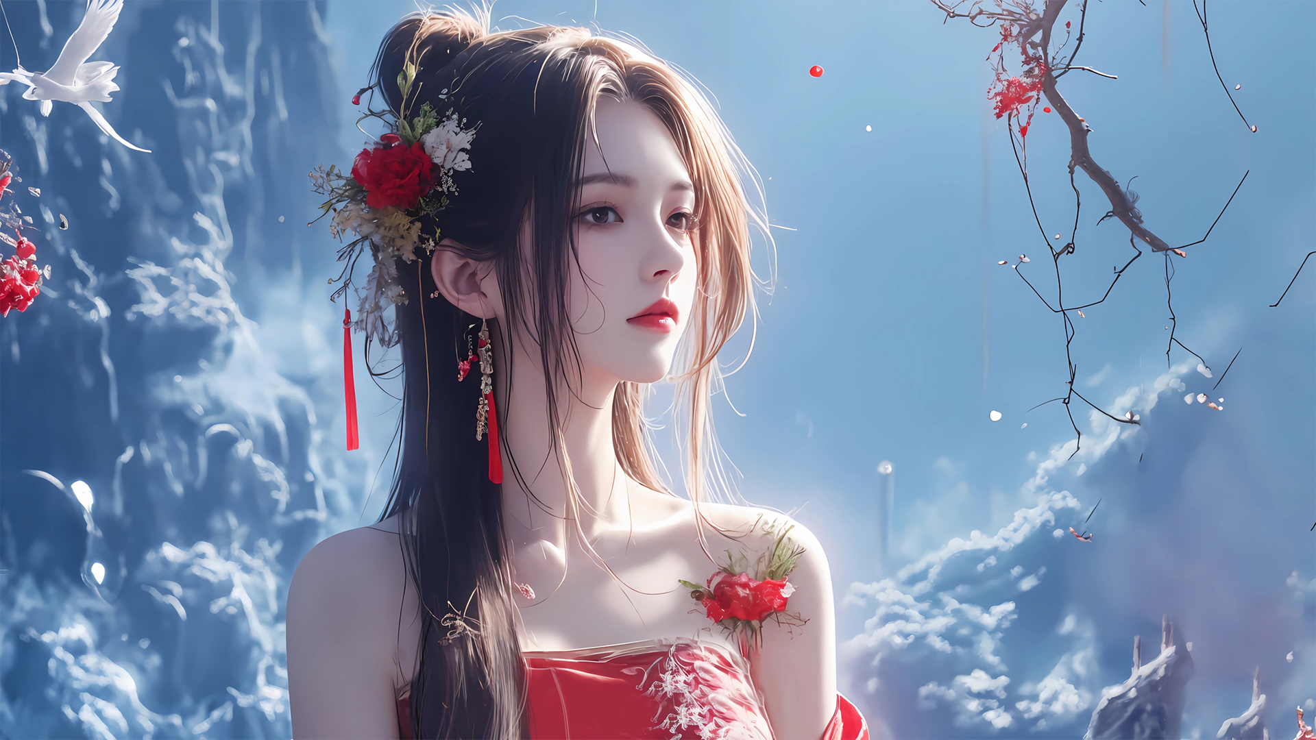 唯美古风红衣女子高清全屏动漫壁纸，免费电脑桌面下载