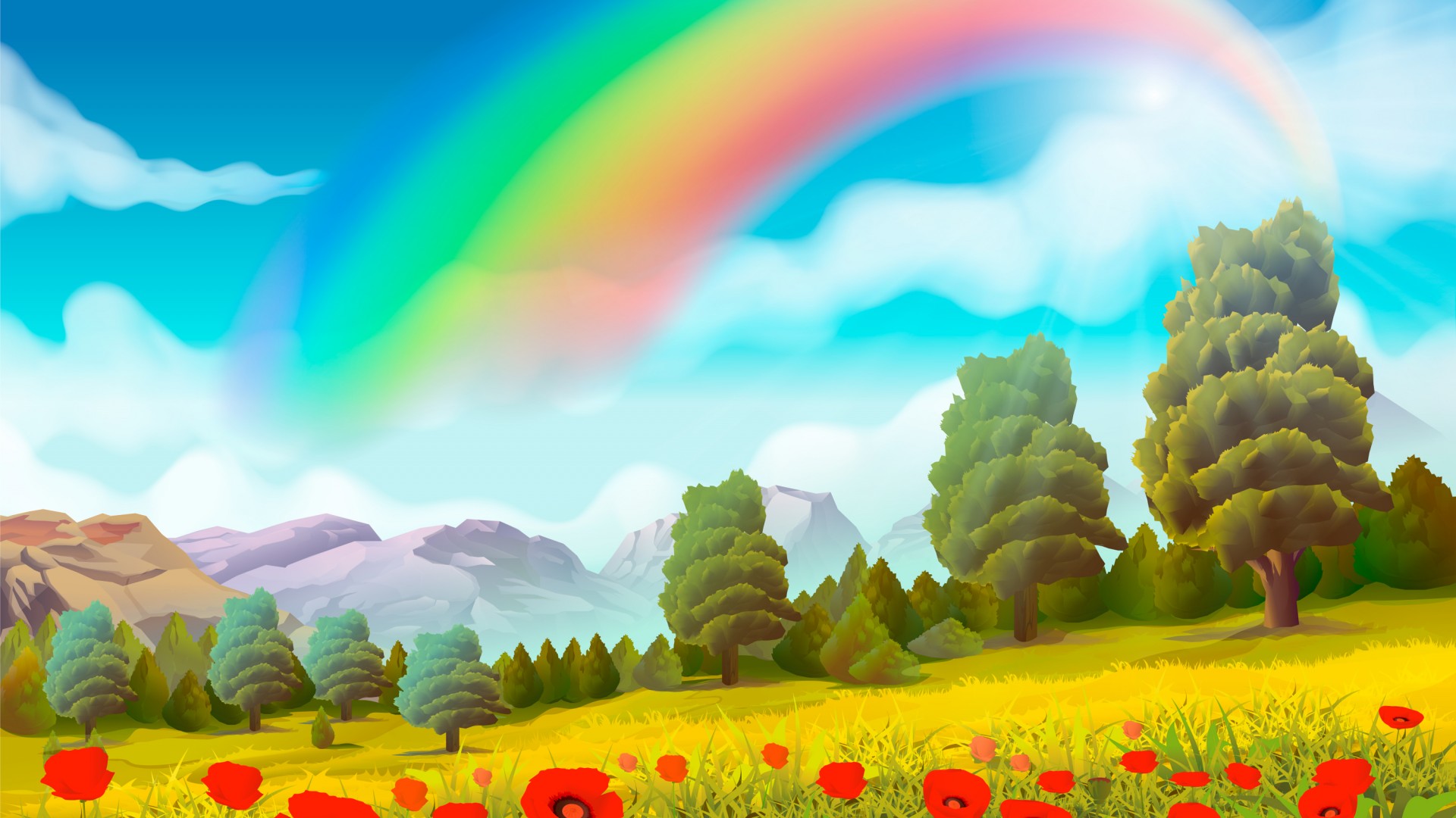 彩虹，罂粟花，树，山，绘画，风景桌面壁纸