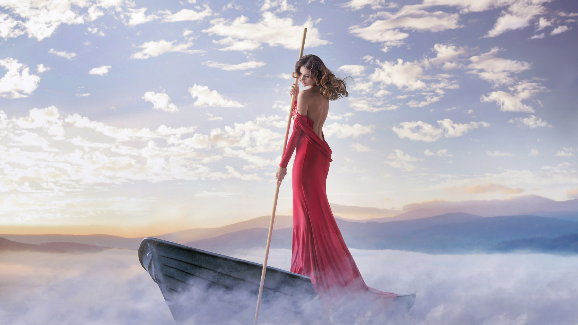 女孩，小船，红色的礼服，木杆，河，天空，意境，唯美壁纸