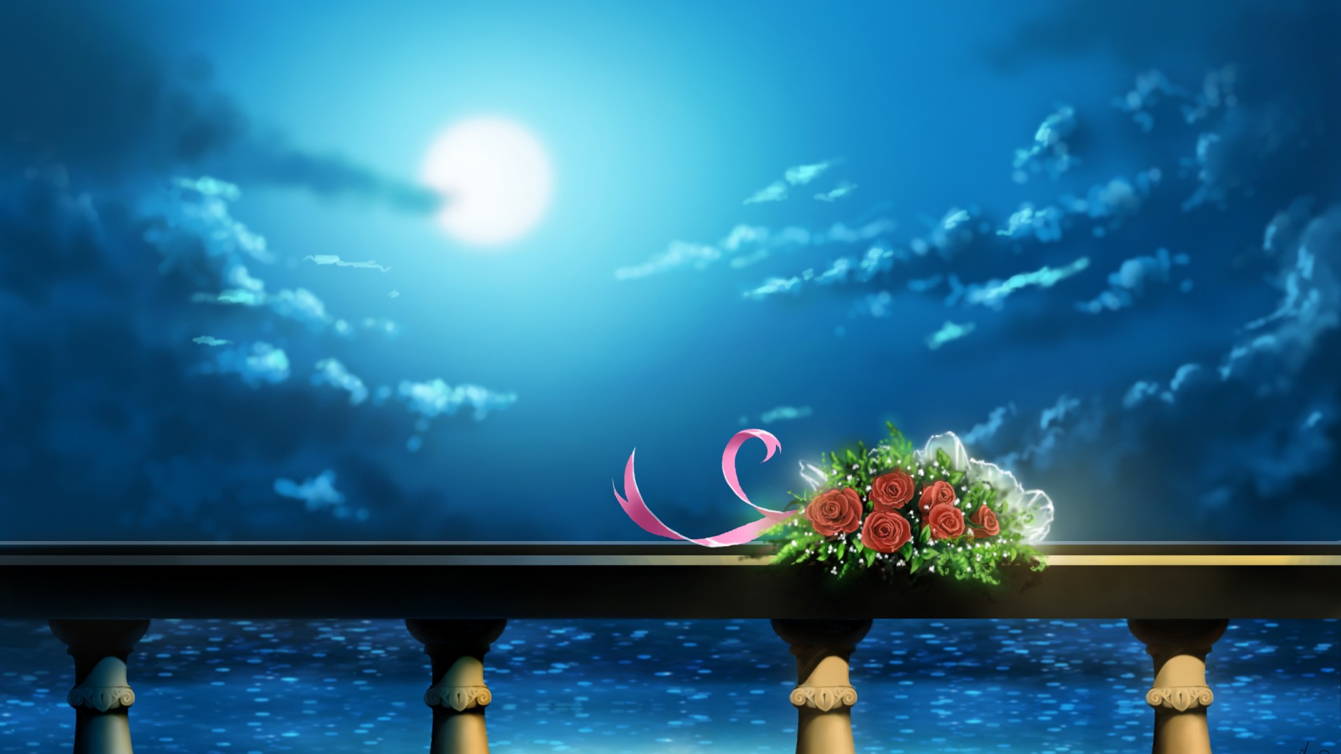 栏杆,玫瑰花,夜晚,月亮,天空,云,艺术壁纸