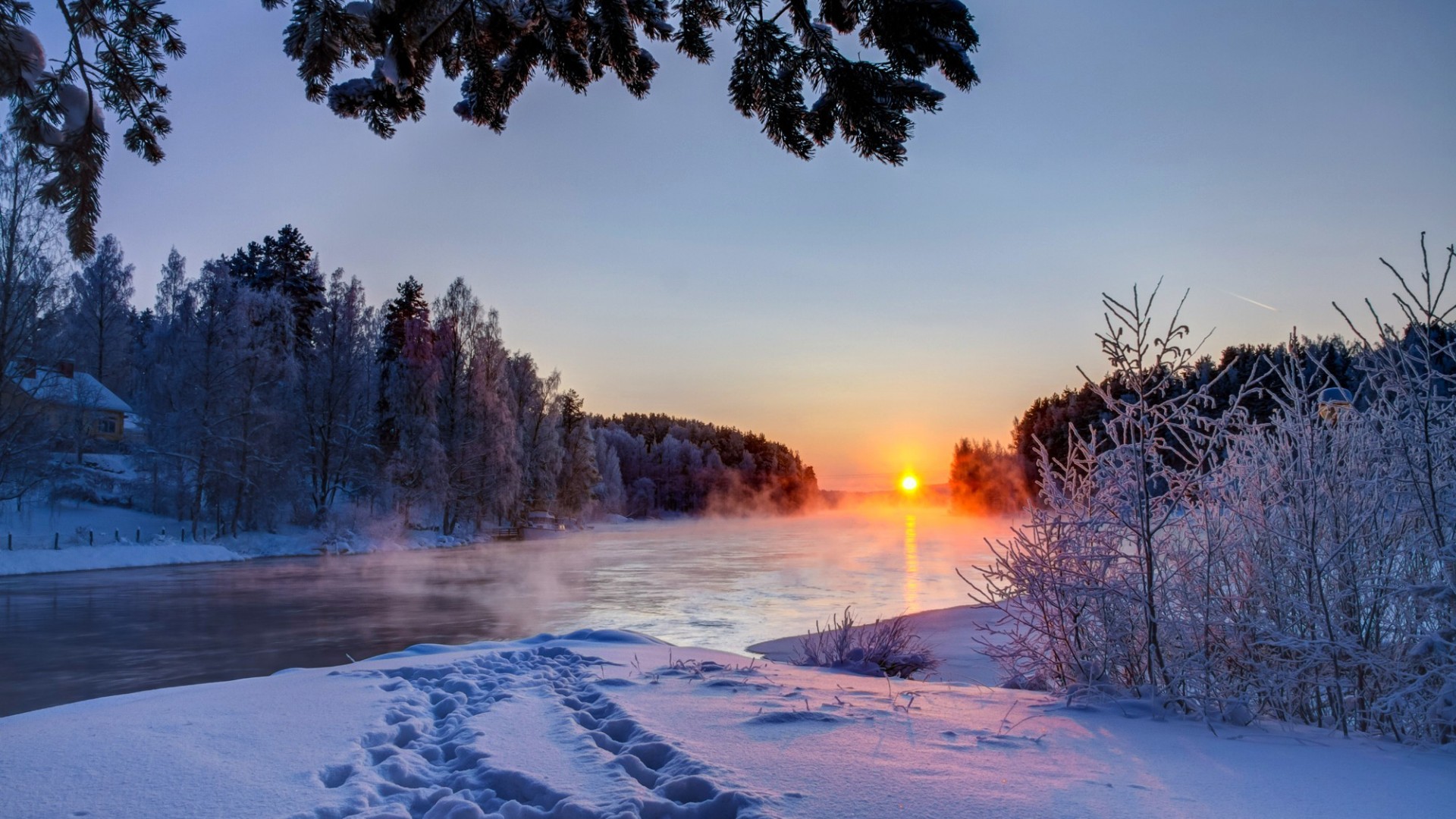 冬天的雪,日落,天空,雪地,河流,自然壁纸