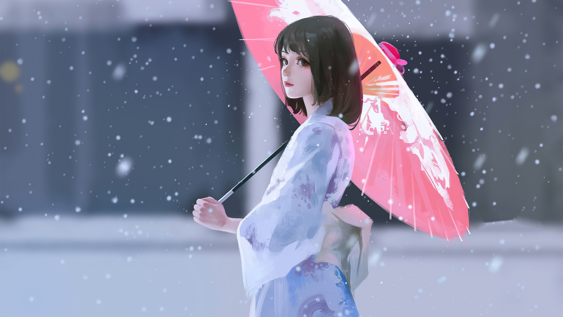雨雪天 撑伞的女孩和服动漫壁纸