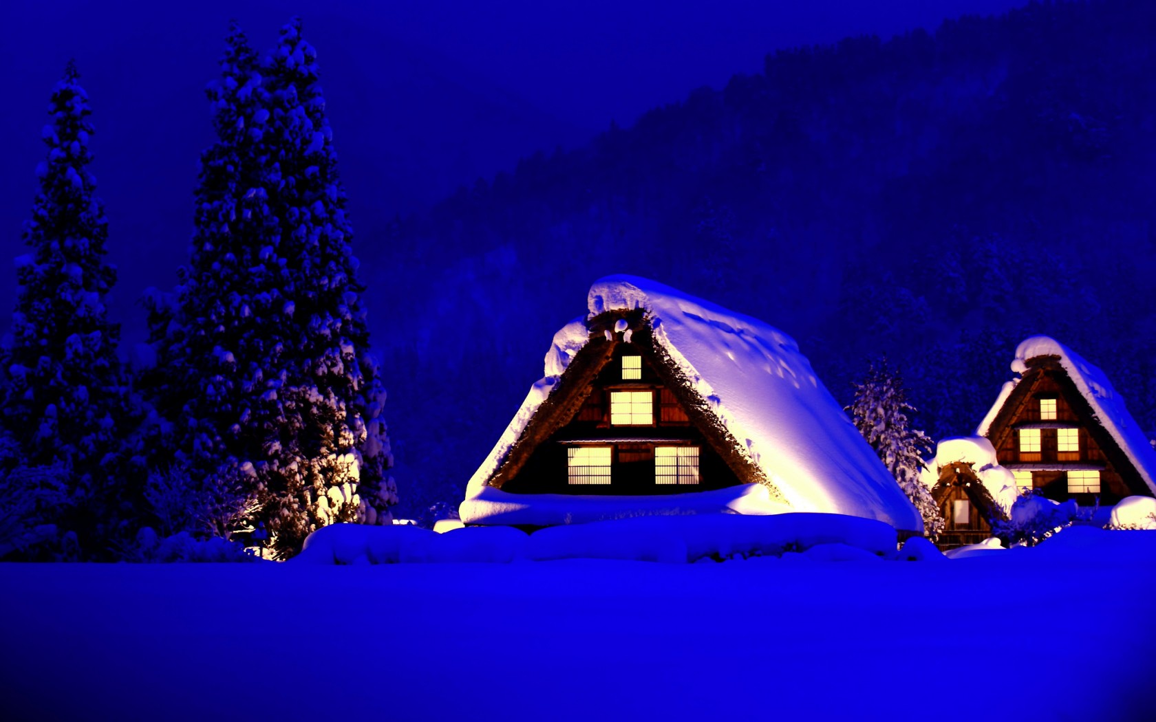 冬天,雪,山,房子,灯光,风景桌面壁纸