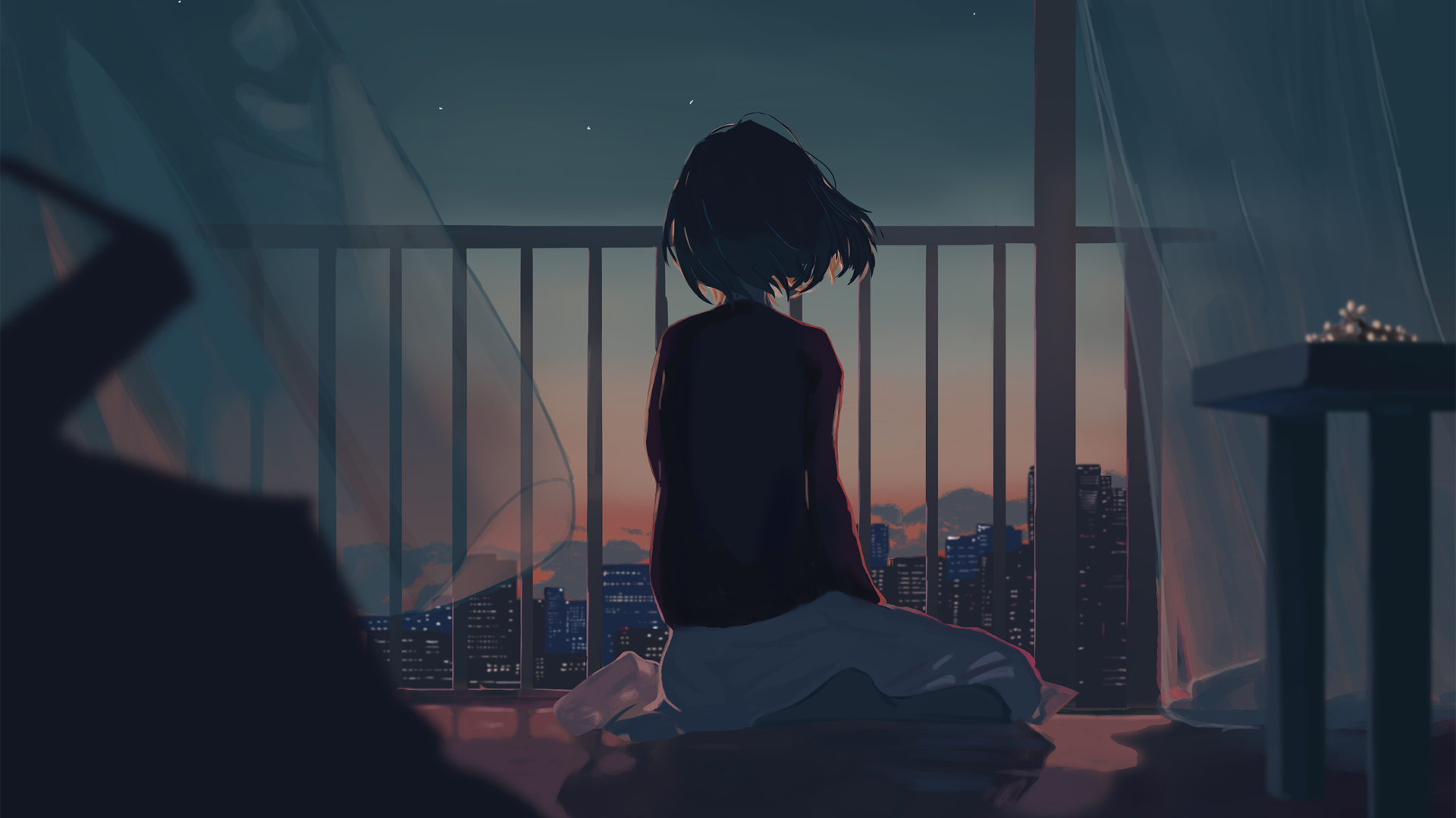 女孩 城市 夜晚风景 动漫壁纸