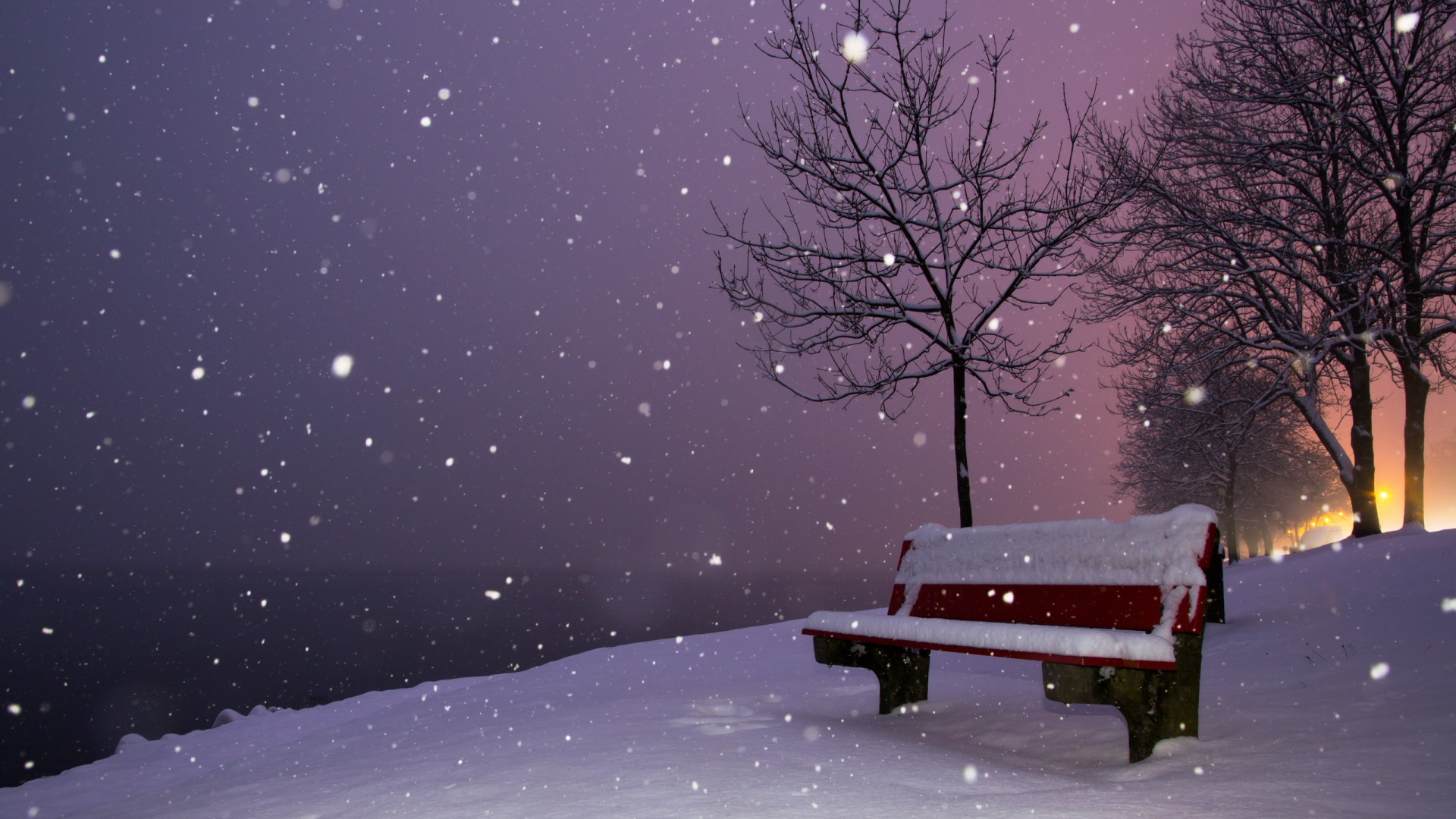 晚上,长凳,雪,雪花,冬天风景电脑壁纸